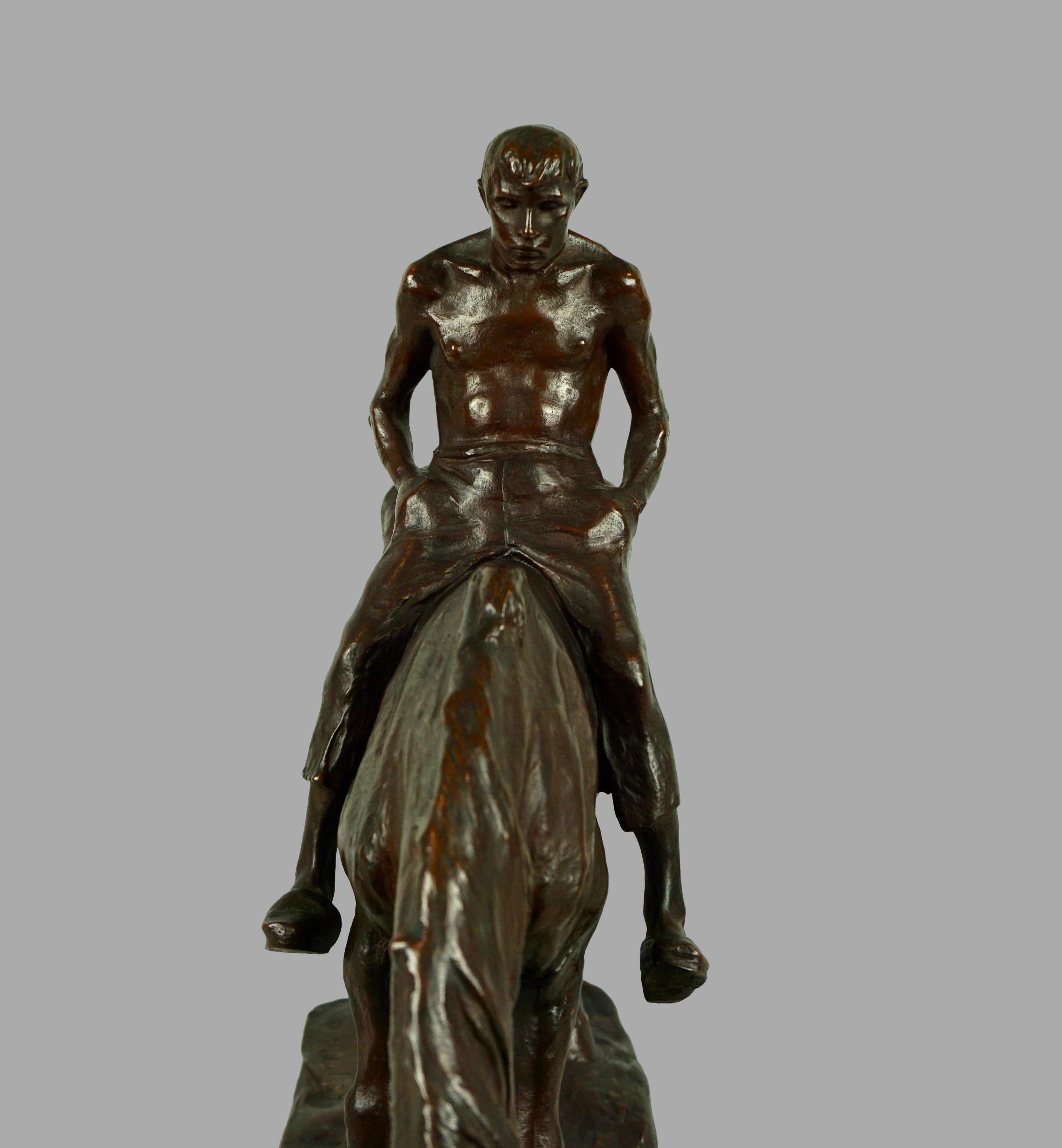 Hans Muller Bronze of Horse Sipping Water with Shirtless Man Riding 1