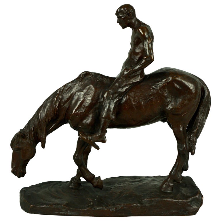 Hans Muller Bronze of Horse Sipping Water with Shirtless Man Riding