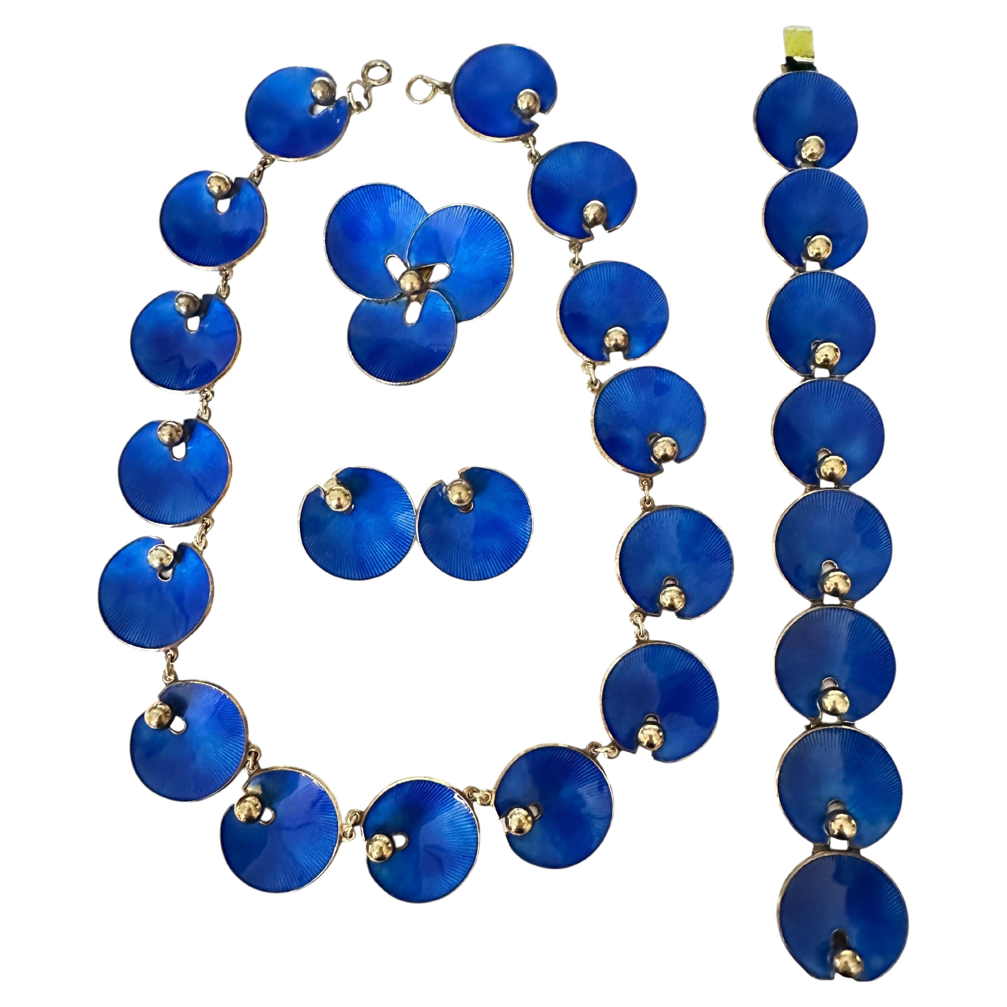 Hans Myhre Norway Scandinavian Modernist Guilloche Enamel Gold PL Silver Suite in vendita
