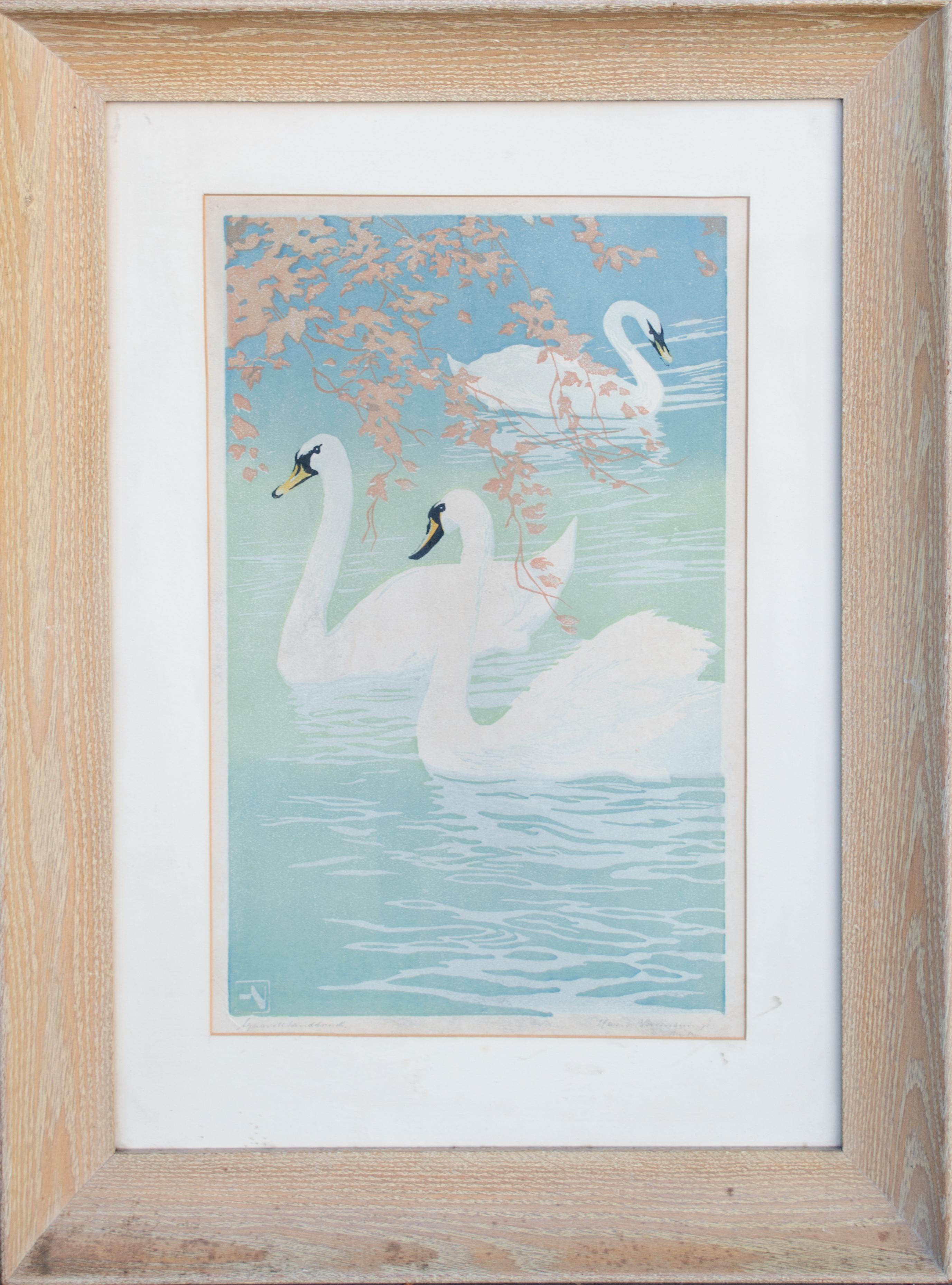 Swans Woodblock by Hans Neumann, 1913 For Sale 1