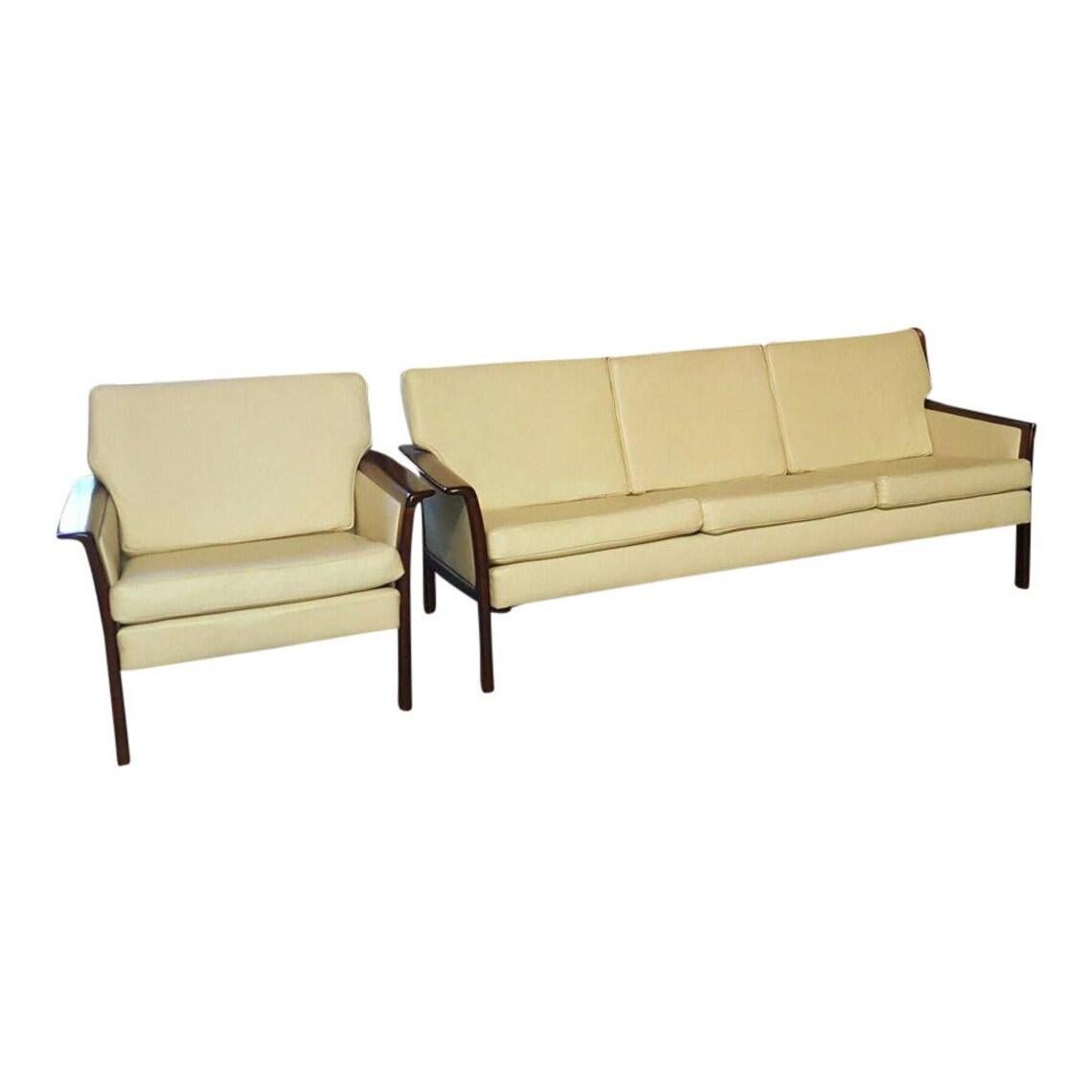 Hans Olsen 1960s Danish White Leather & Rosewood Sofa & Chair Made in Denmark For Sale 6