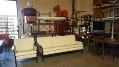 Hans Olsen 1960s Danish White Leather & Rosewood Sofa & Chair Made in Denmark