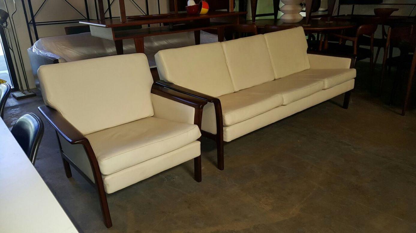 Hans Olsen 1960s Danish White Leather & Rosewood Sofa & Chair Made in Denmark In Good Condition For Sale In Monrovia, CA