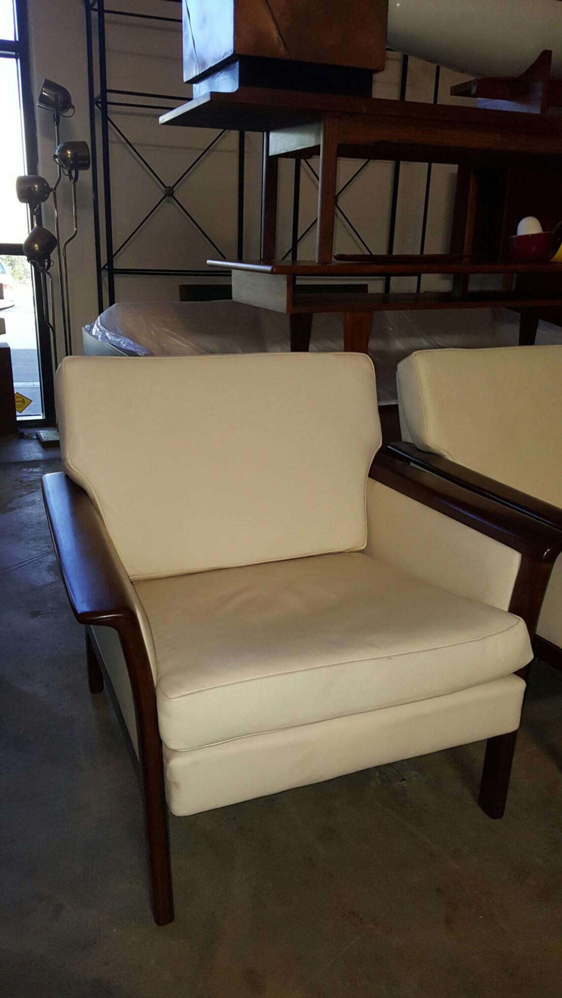 Hans Olsen 1960s Danish White Leather & Rosewood Sofa & Chair Made in Denmark For Sale 1