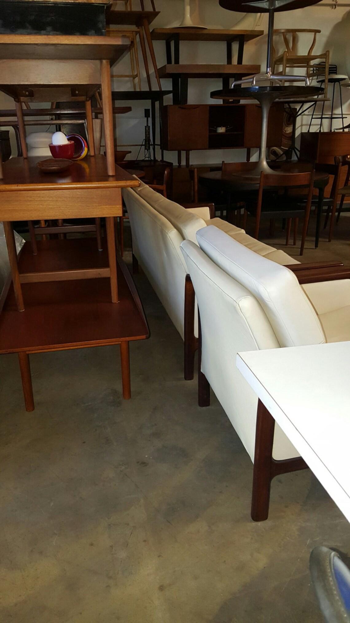 Hans Olsen 1960s Danish White Leather & Rosewood Sofa & Chair Made in Denmark For Sale 3