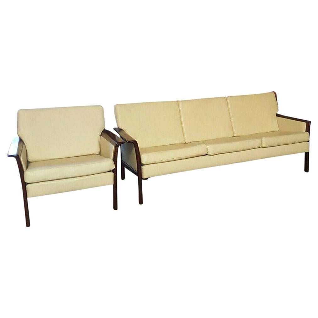 Hans Olsen 1960s Danish White Leather & Rosewood Sofa & Chair Made in Denmark