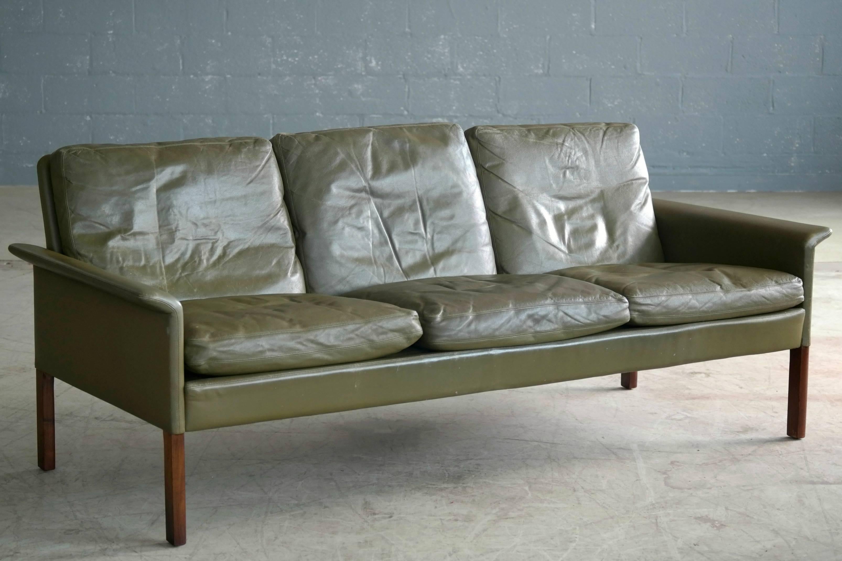Mid-Century Modern Hans Olsen 1960s Sofa in Green Patinated Leather for C.S. Møbler, Denmark