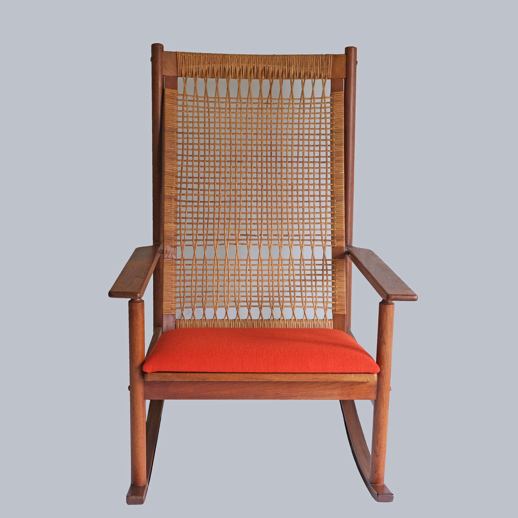 Scandinavian Modern Hans Olsen, a Teak and Cane Rocking Chair, Juul Kristensen, 1960s