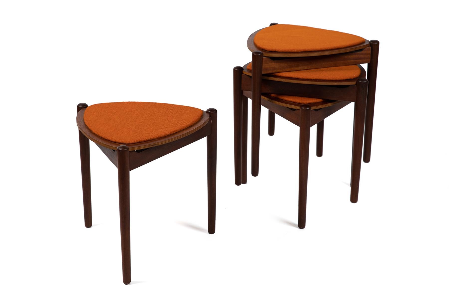 Hans Olsen for Bramin stools or tables circa early 1960's. These all original examples retain their striking orange upholstery and finish. They can be stacked and the tops are reversible. Price listed is for the set of four.