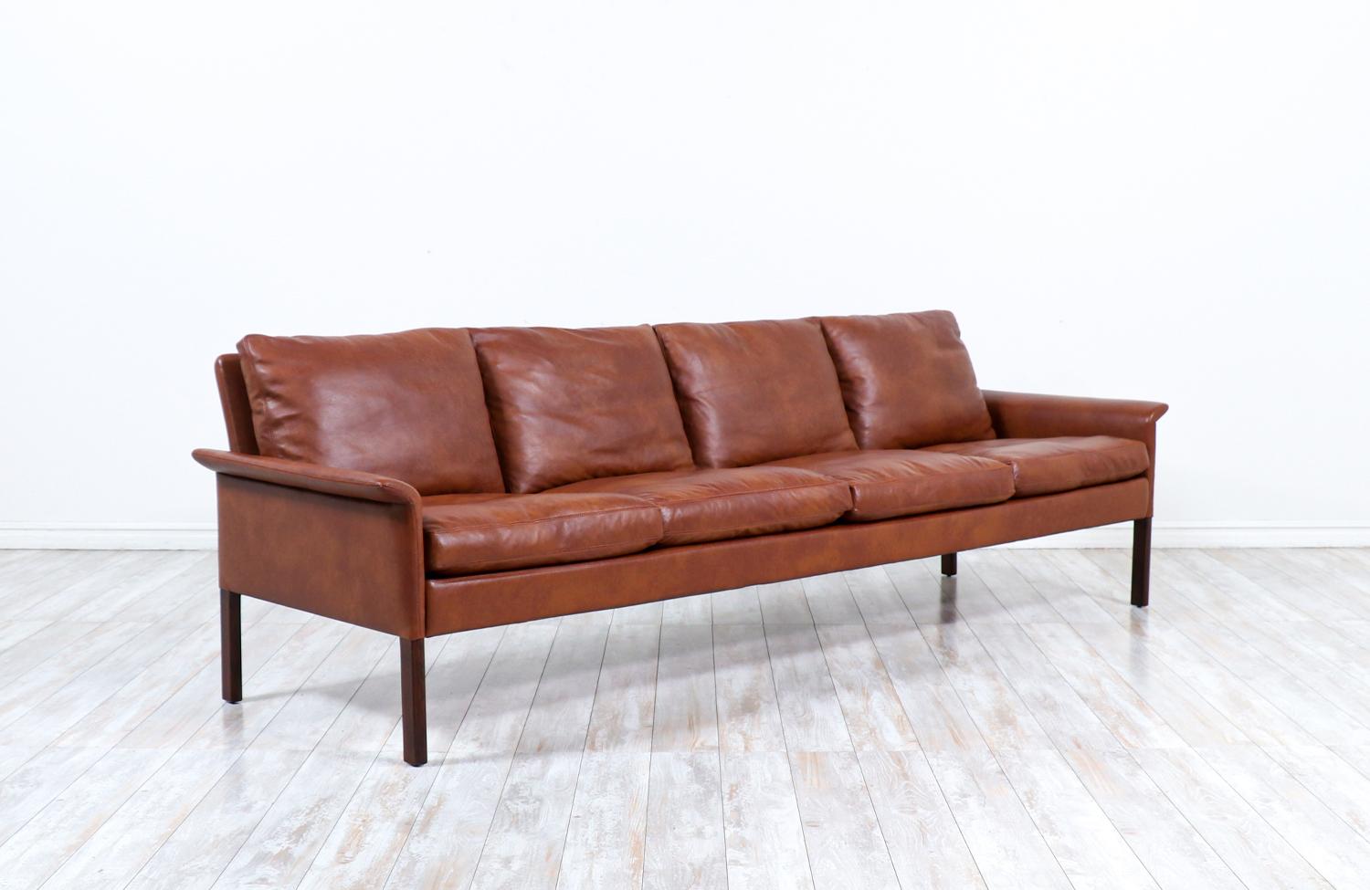 Mid-Century Modern Hans Olsen Cognac Leather & Rosewood 4-Seater Sofa for CS Møbelfabrik