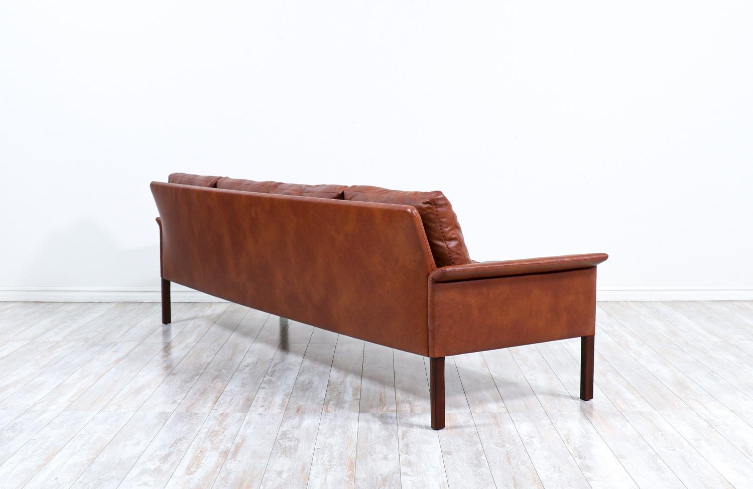 Danish Hans Olsen Cognac Leather & Rosewood 4-Seater Sofa for CS Møbelfabrik