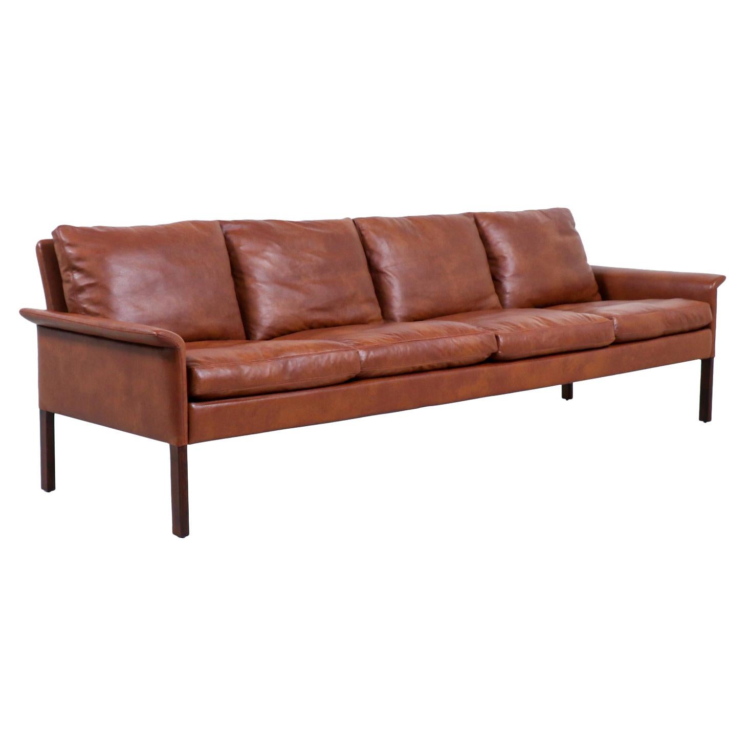 Hans Olsen Cognac Leather & Rosewood 4-Seater Sofa for CS Møbelfabrik