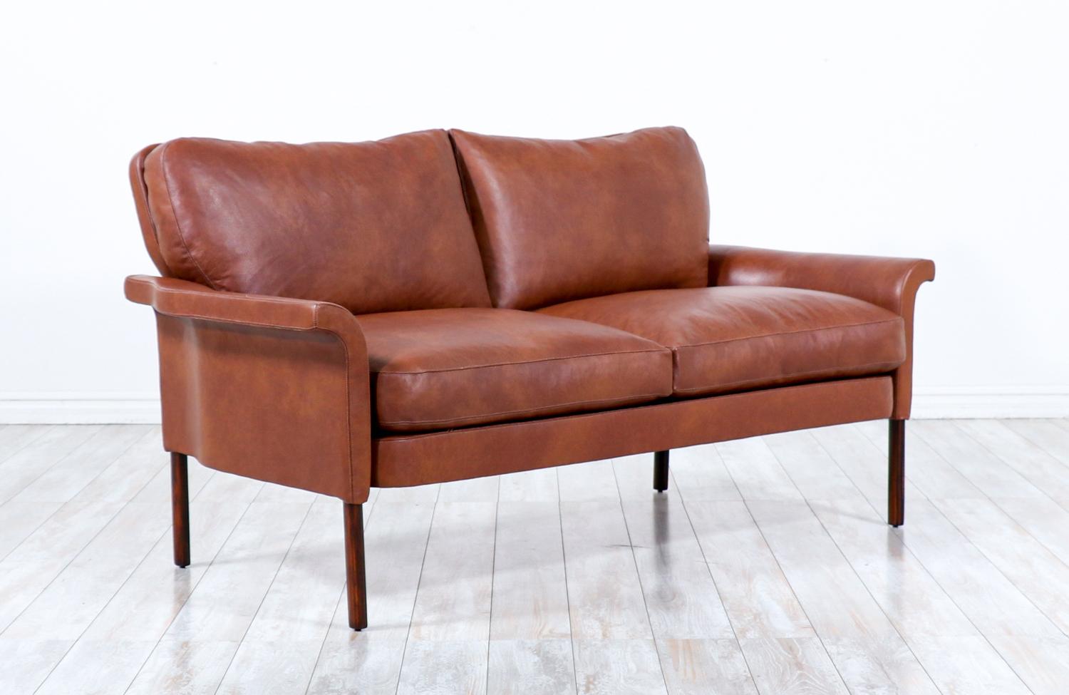 Mid-Century Modern Hans Olsen Cognac Leather & Rosewood Love Seat Sofa 