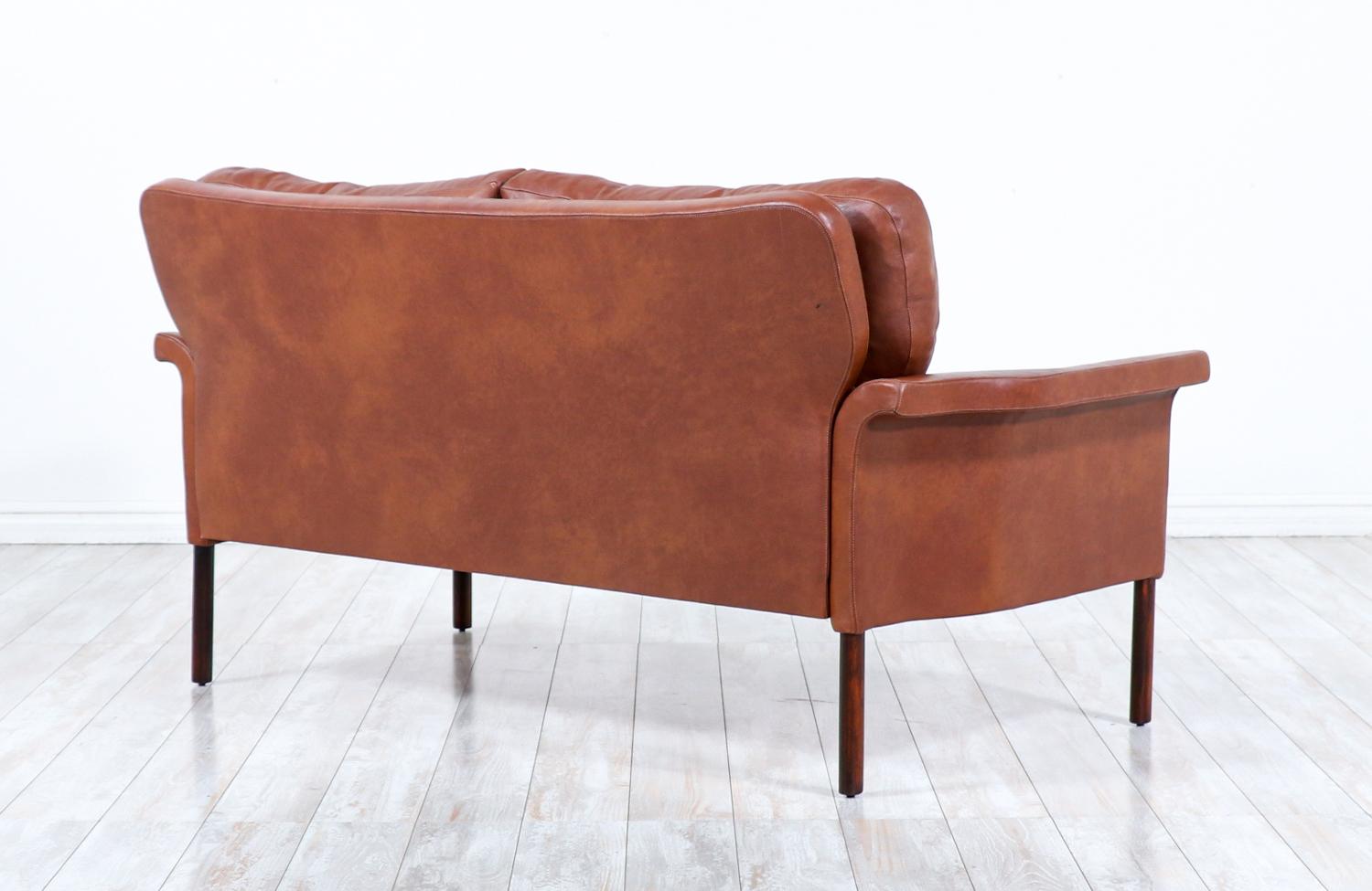 Danish Hans Olsen Cognac Leather & Rosewood Love Seat Sofa 