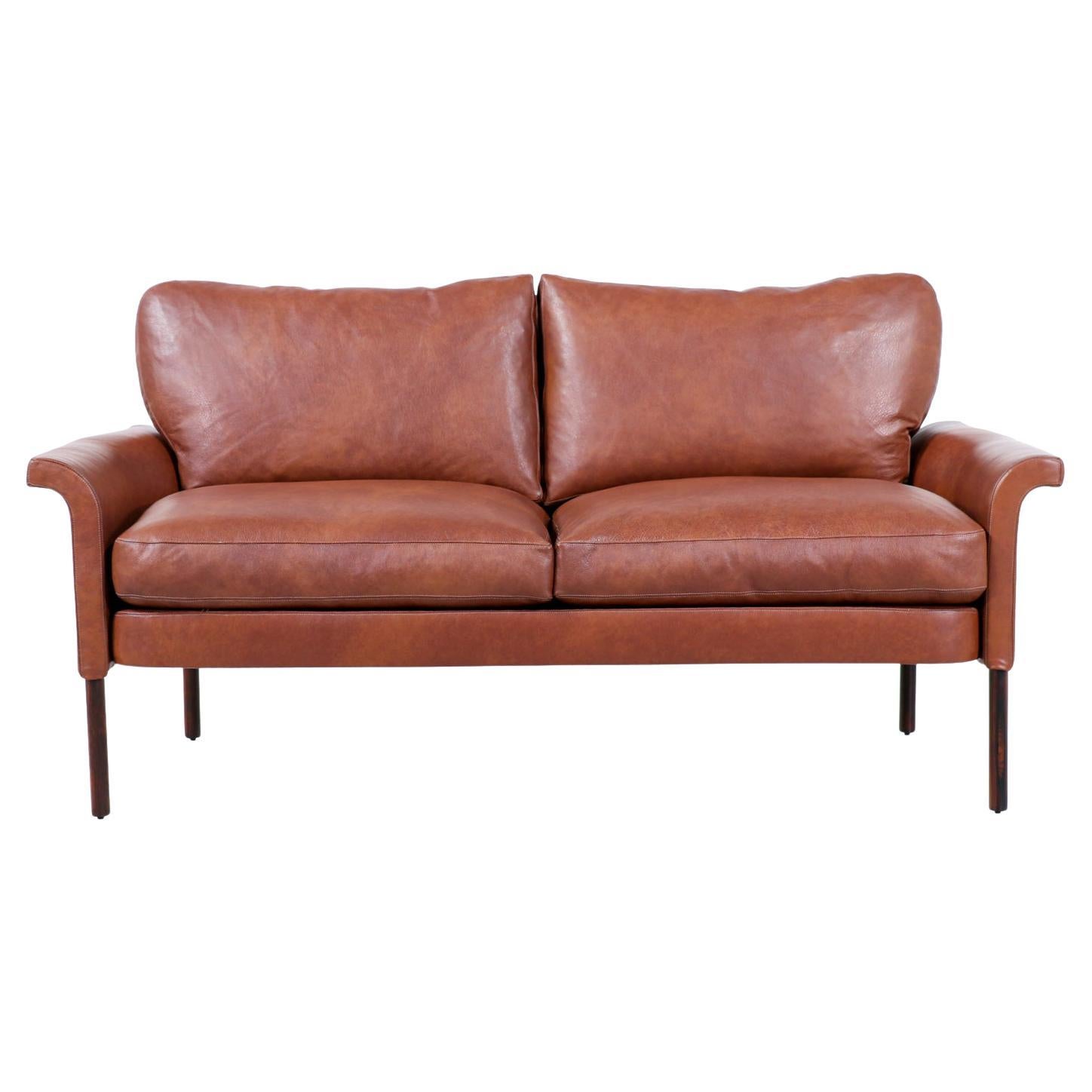 Hans Olsen Cognac Leather & Rosewood Love Seat Sofa 