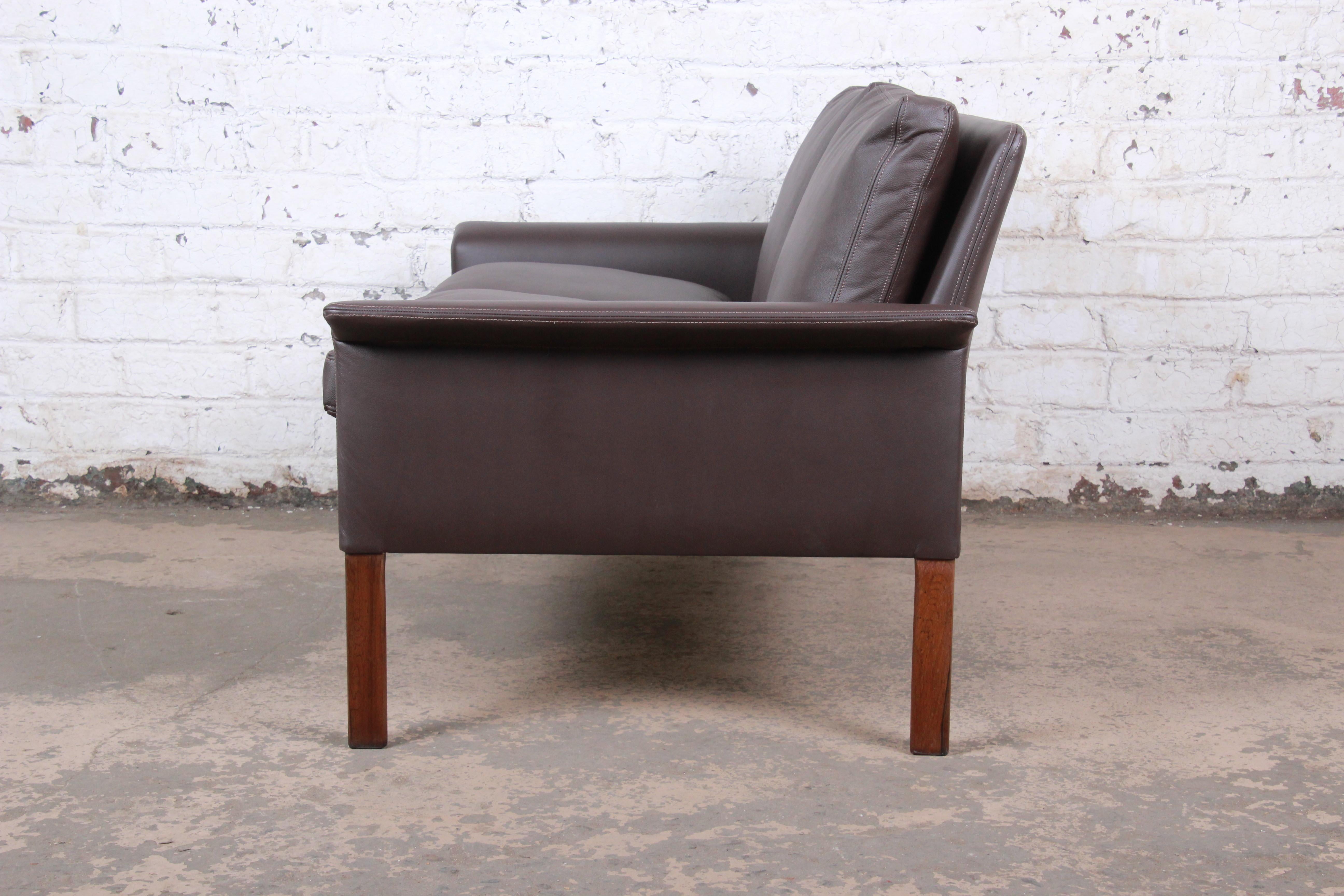 Hans Olsen Danish Modern Rosewood and Leather Settee, Fully Restored 5