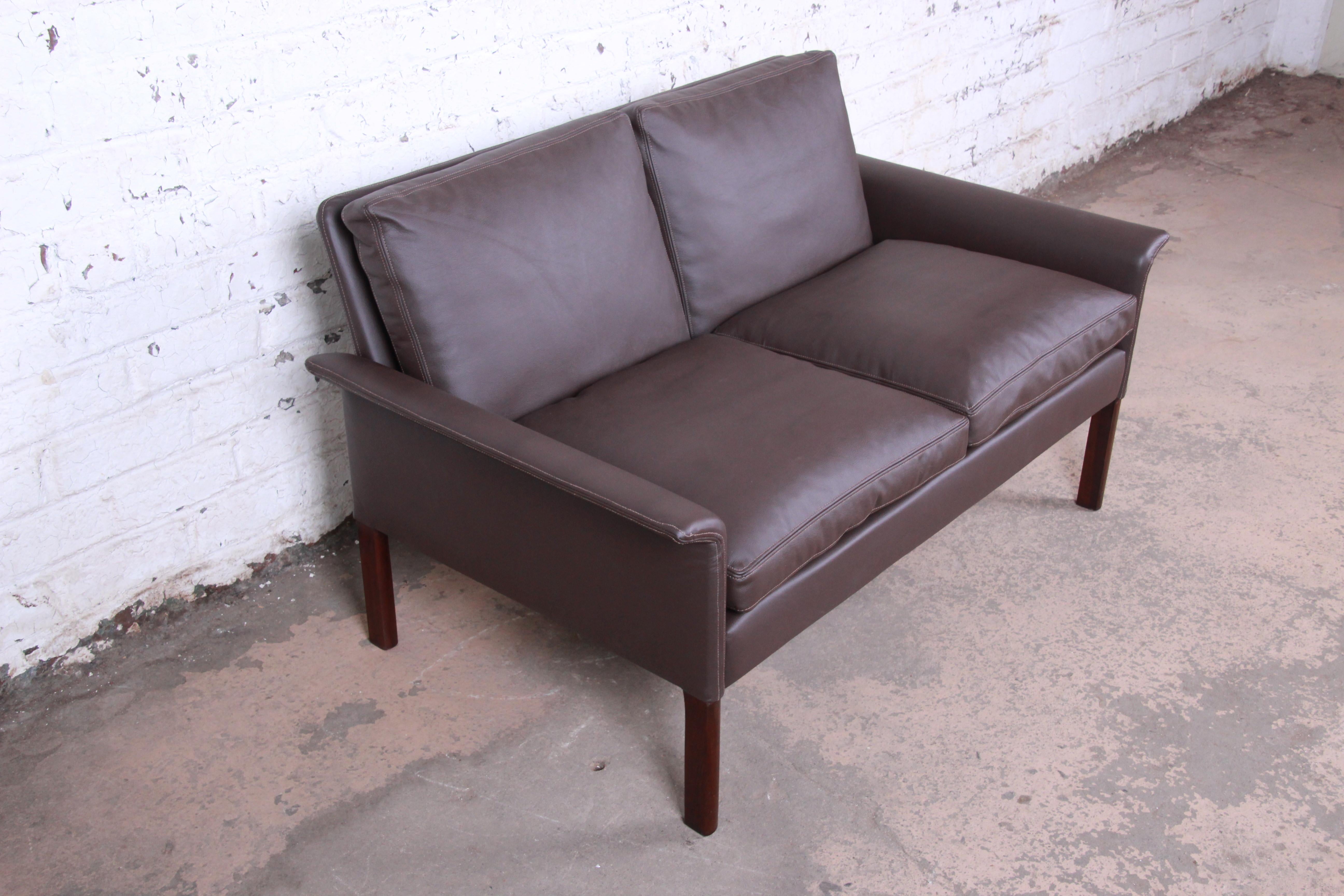 Mid-20th Century Hans Olsen Danish Modern Rosewood and Leather Settee, Fully Restored