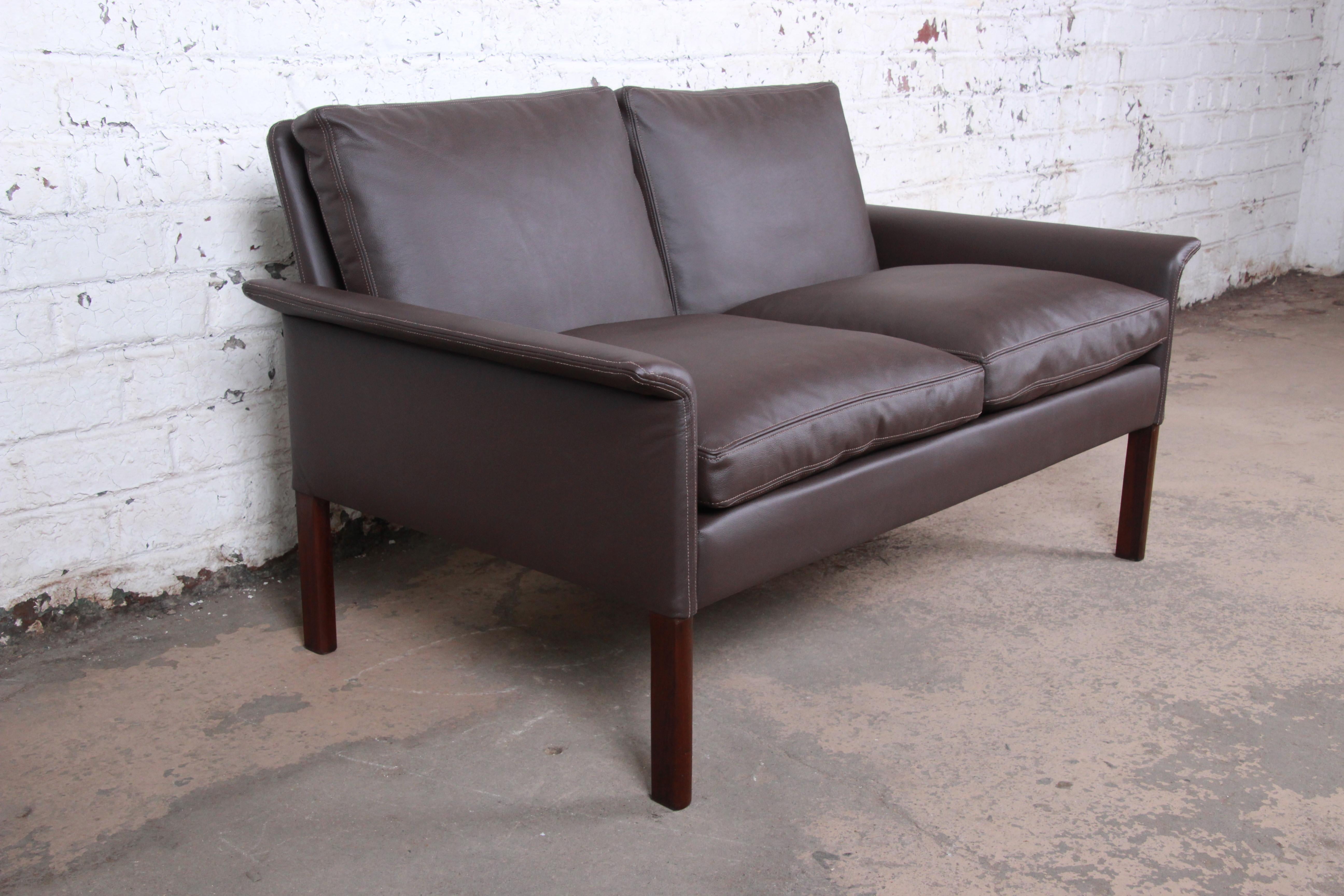 Hans Olsen Danish Modern Rosewood and Leather Settee, Fully Restored 1