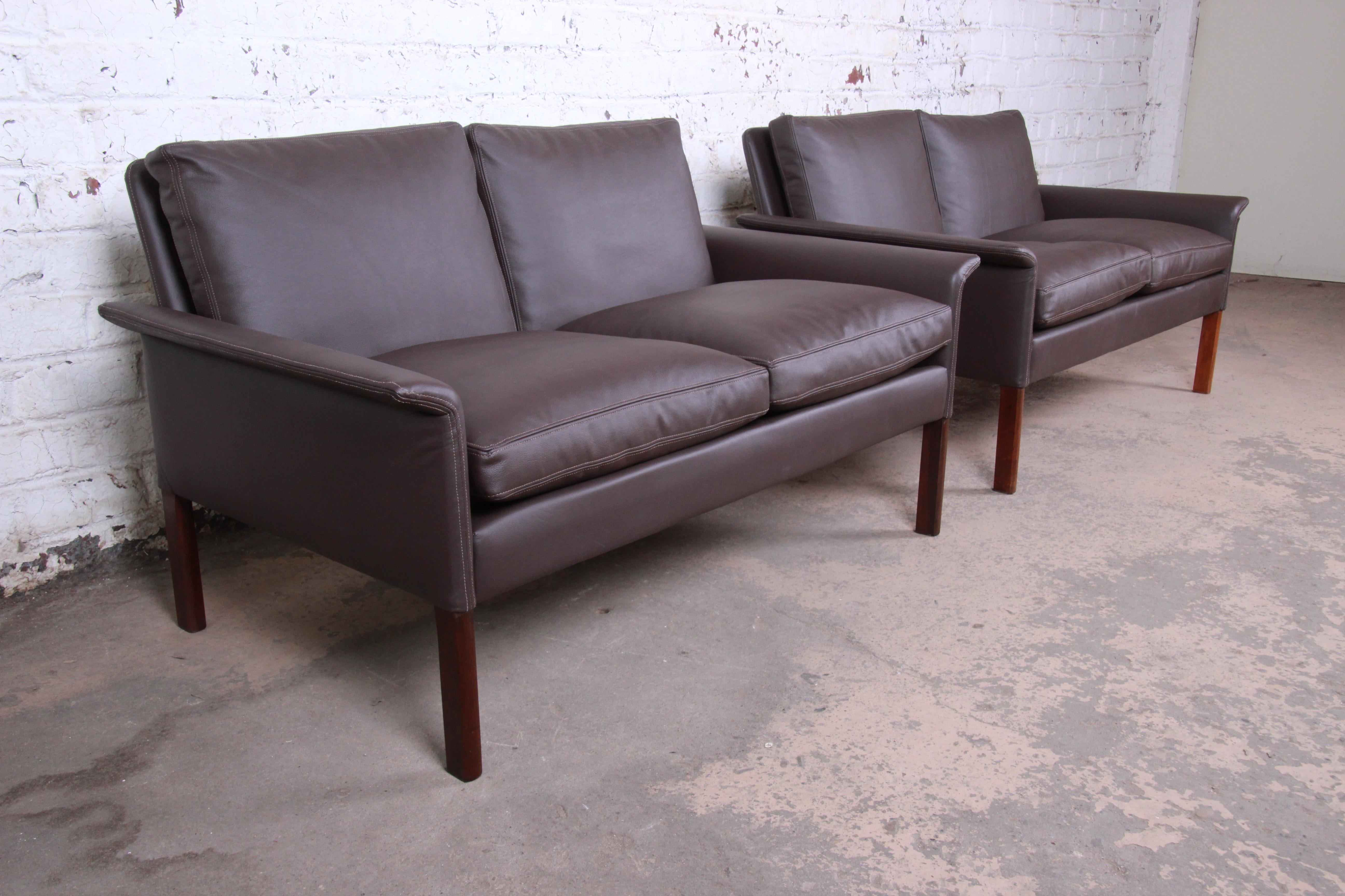 Mid-20th Century Hans Olsen Danish Modern Rosewood and Leather Settees, Fully Restored