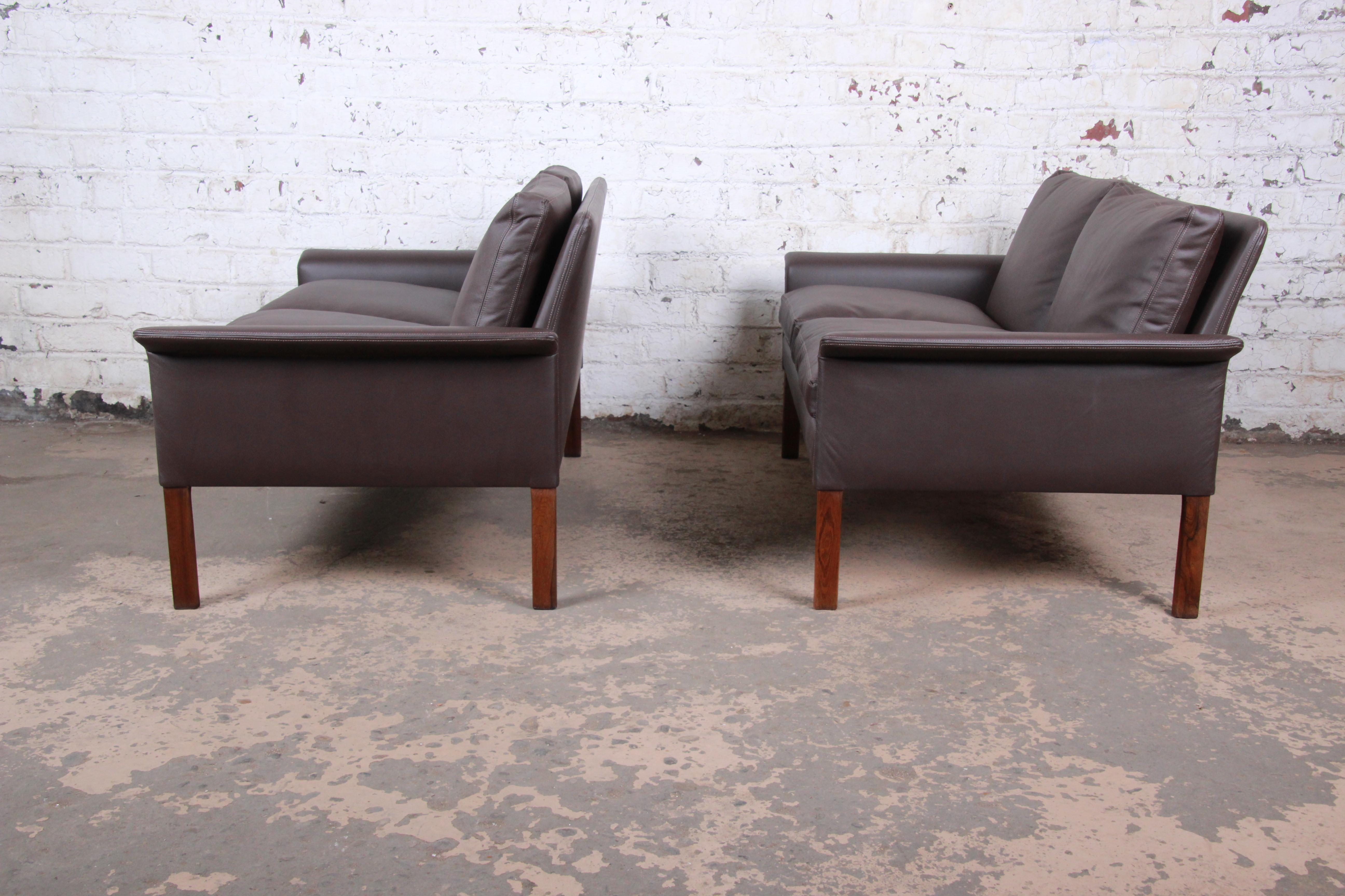 Hans Olsen Danish Modern Rosewood and Leather Settees, Fully Restored 2