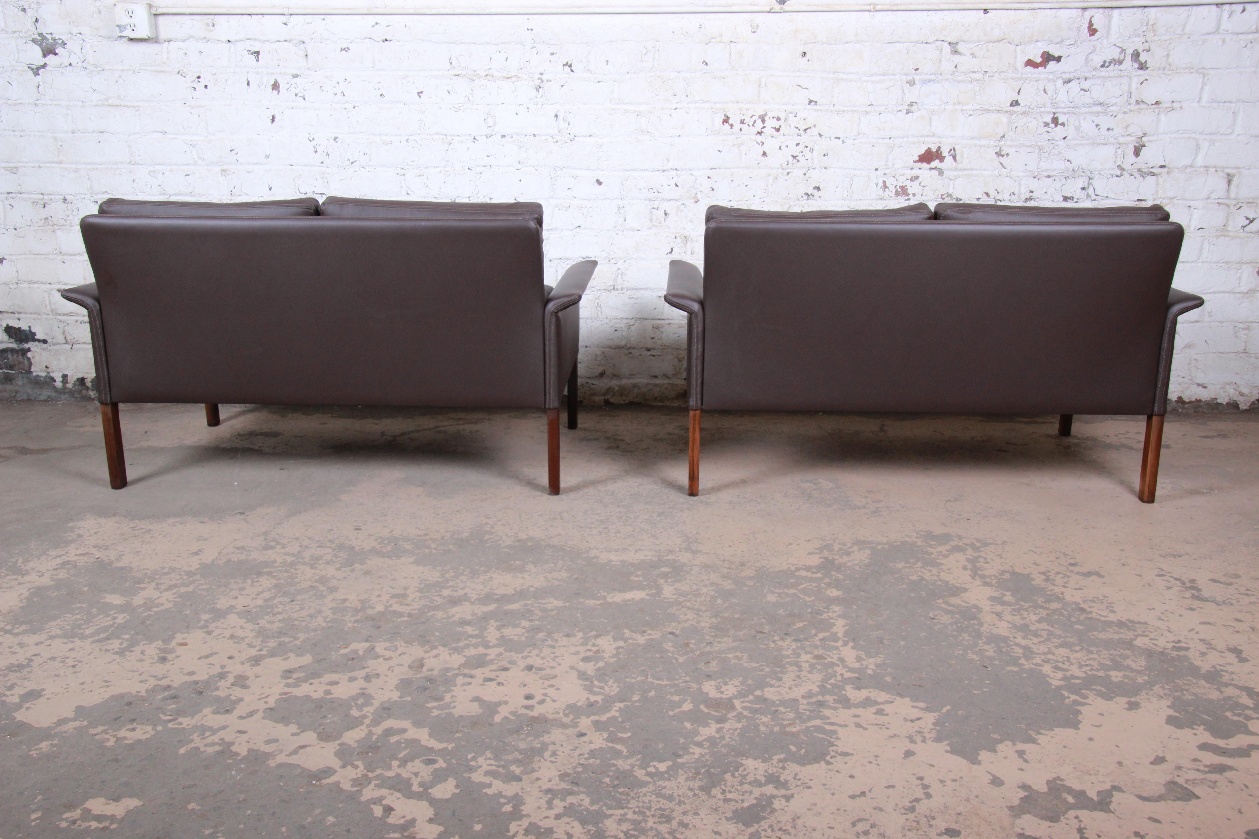 Hans Olsen Danish Modern Rosewood and Leather Settees, Fully Restored 3