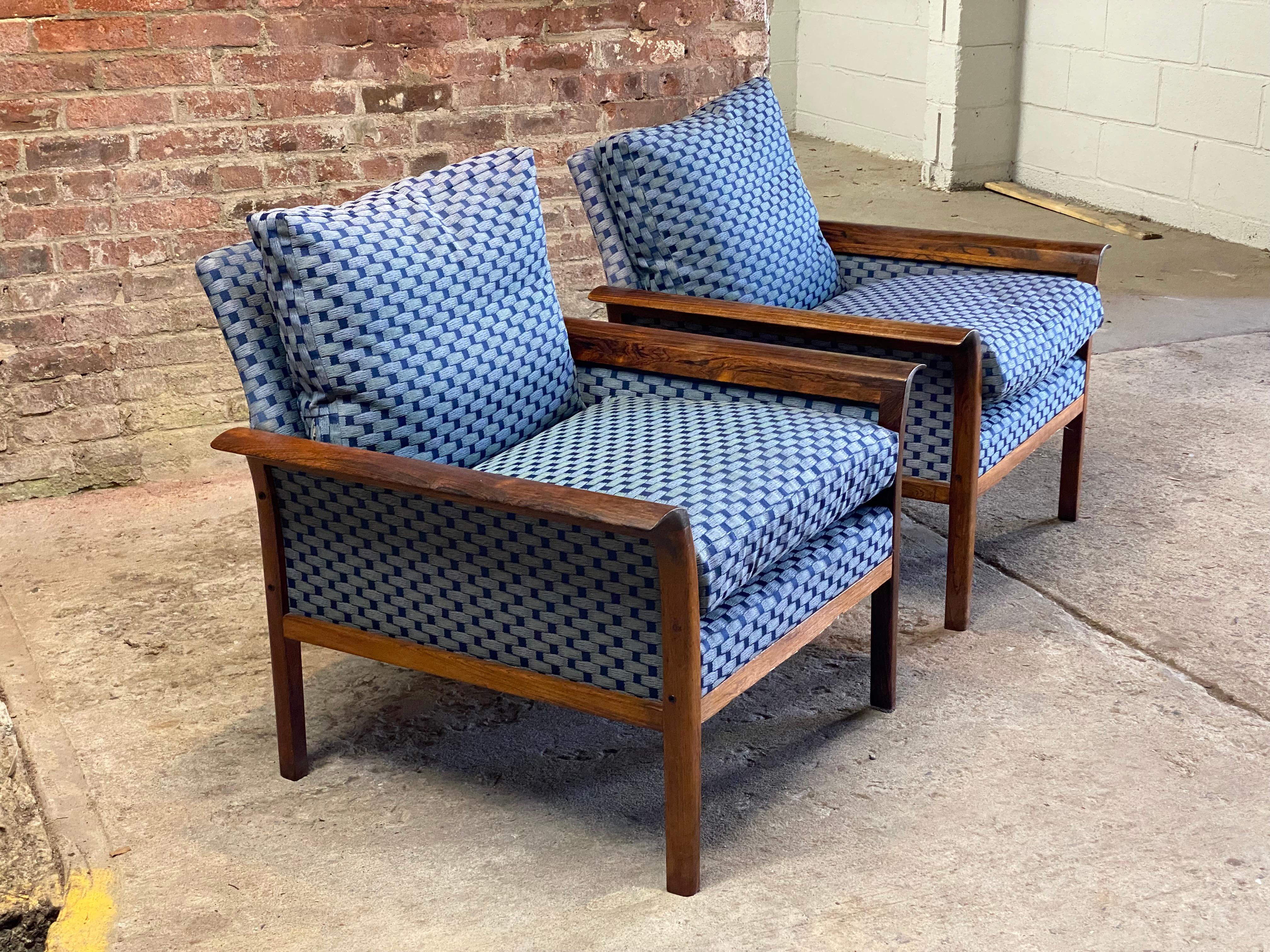 Scandinavian Modern Hans Olsen Danish Modern Upholstered Rosewood Club Chairs, A Pair For Sale