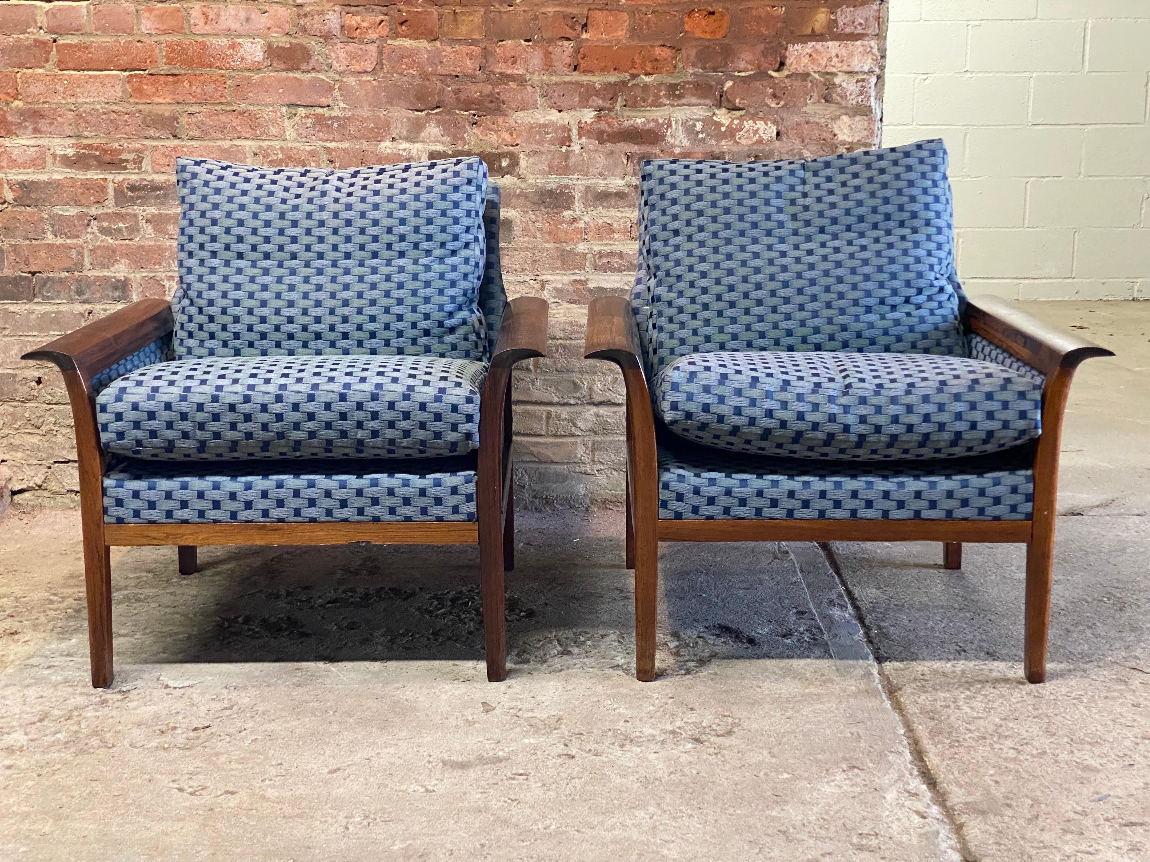 Hans Olsen Danish Modern Upholstered Rosewood Club Chairs, A Pair In Good Condition For Sale In Garnerville, NY