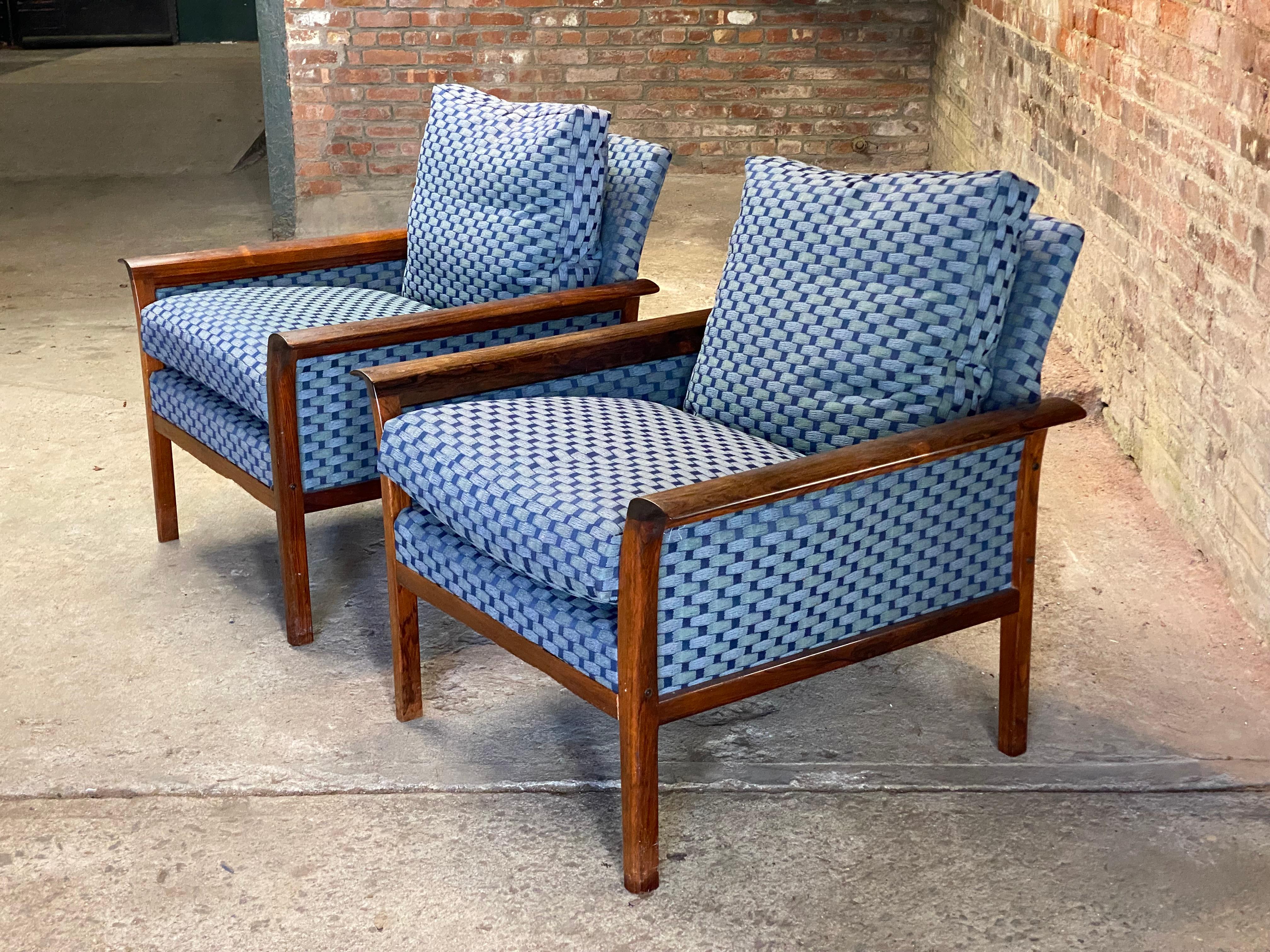 Hans Olsen Danish Modern Upholstered Rosewood Club Chairs, A Pair For Sale 1