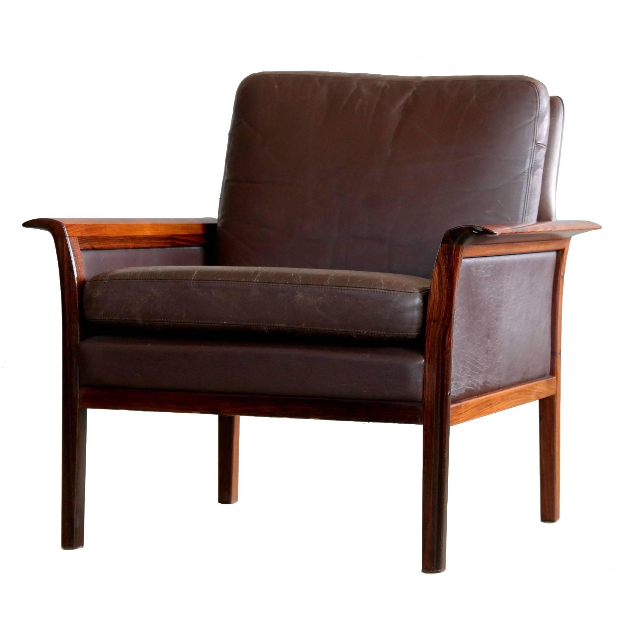 Hans Olsen Easy Chair in Cordovan Leather and Rosewood for Vatne, Norway