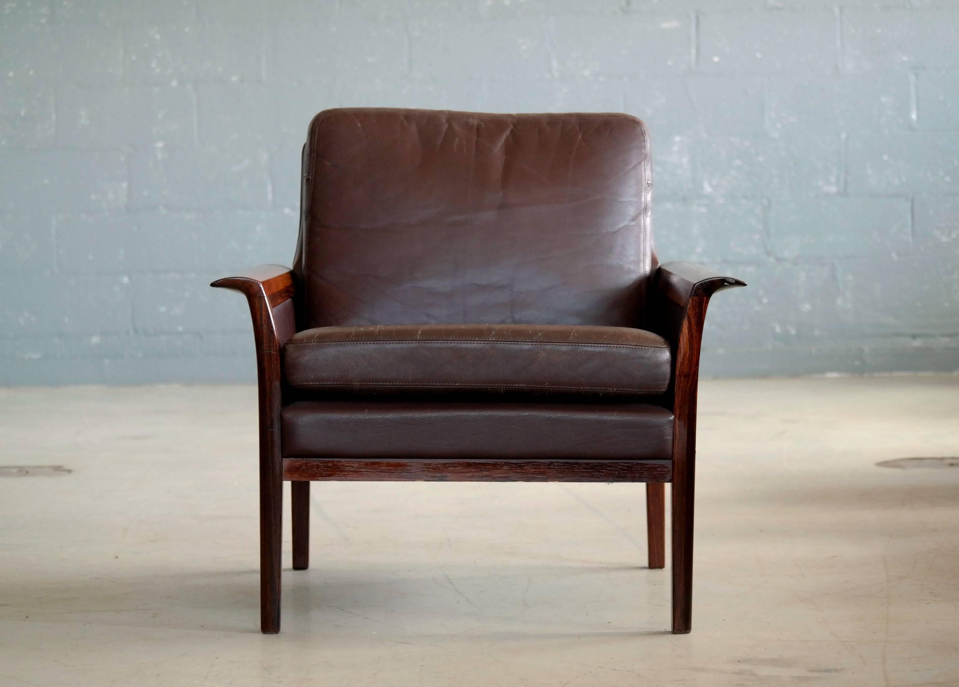 Mid-Century Modern Hans Olsen Easy Chair in Cordovan Leather and Rosewood for Vatne, Norway