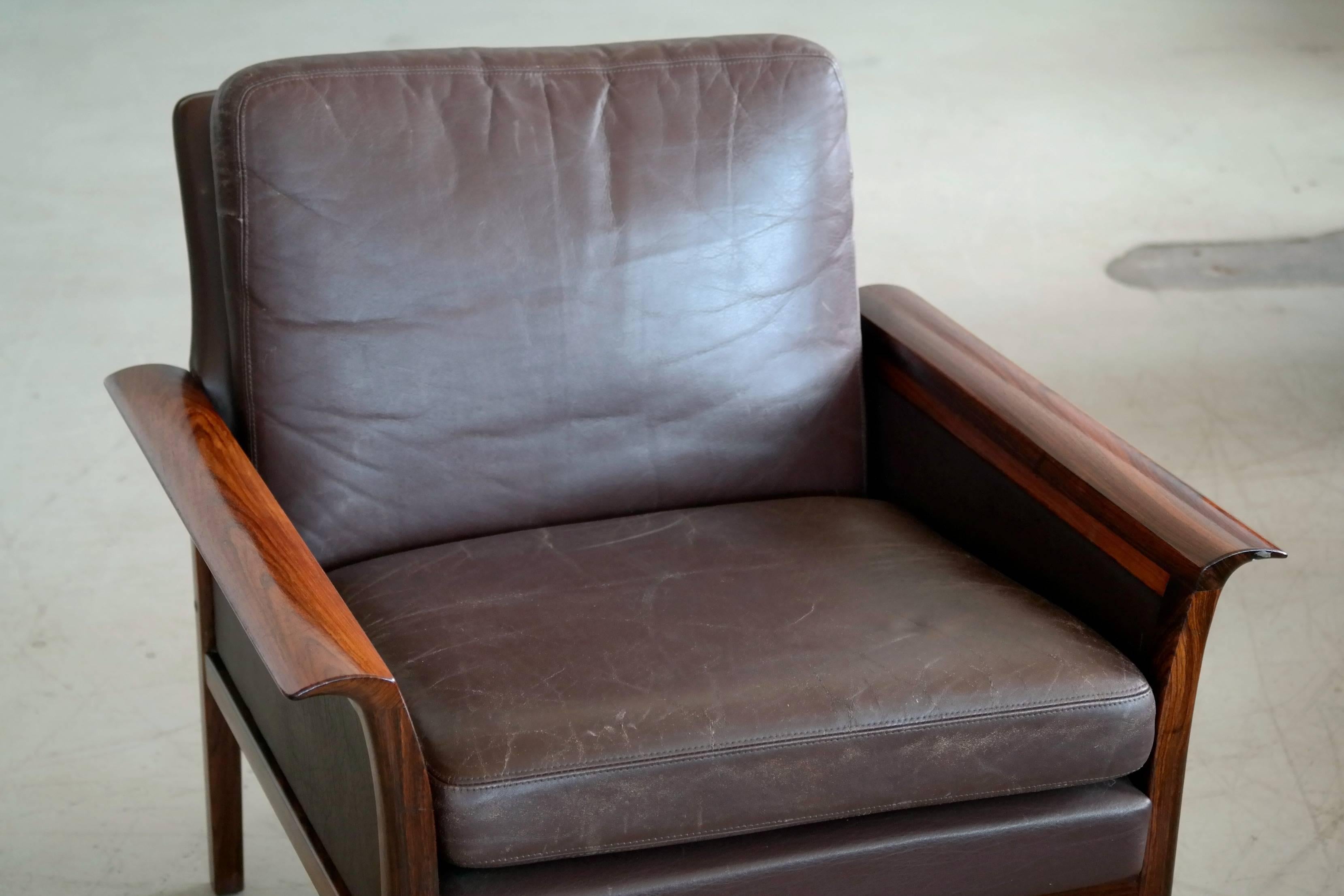 Hans Olsen Easy Chair in Cordovan Leather and Rosewood for Vatne, Norway 1