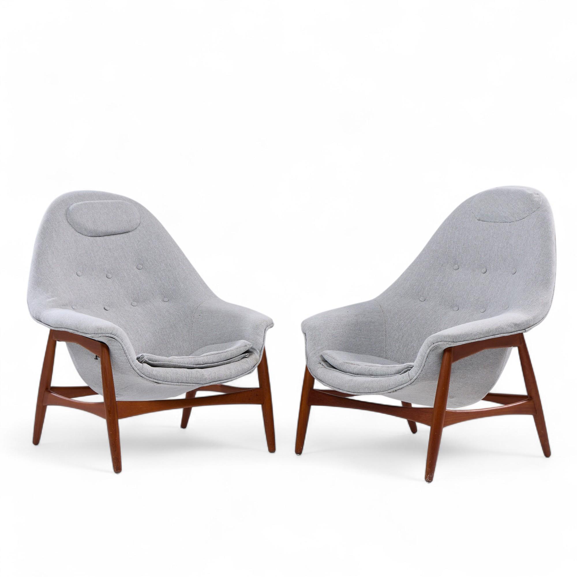 Hans Olsen for Bramin Møbler Mid Century Danish Teak Sculptural Lounge Chairs - Pair

Each chair measures: 30.25 wide x 34 deep x 37.5 high, with a seat height of 14 and arm height/chair clearance of 19 inches

All pieces of furniture can be had in