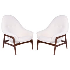 Hans Olsen for Bramin Sculptural Walnut Lounge Chairs with Off-White Upholstery