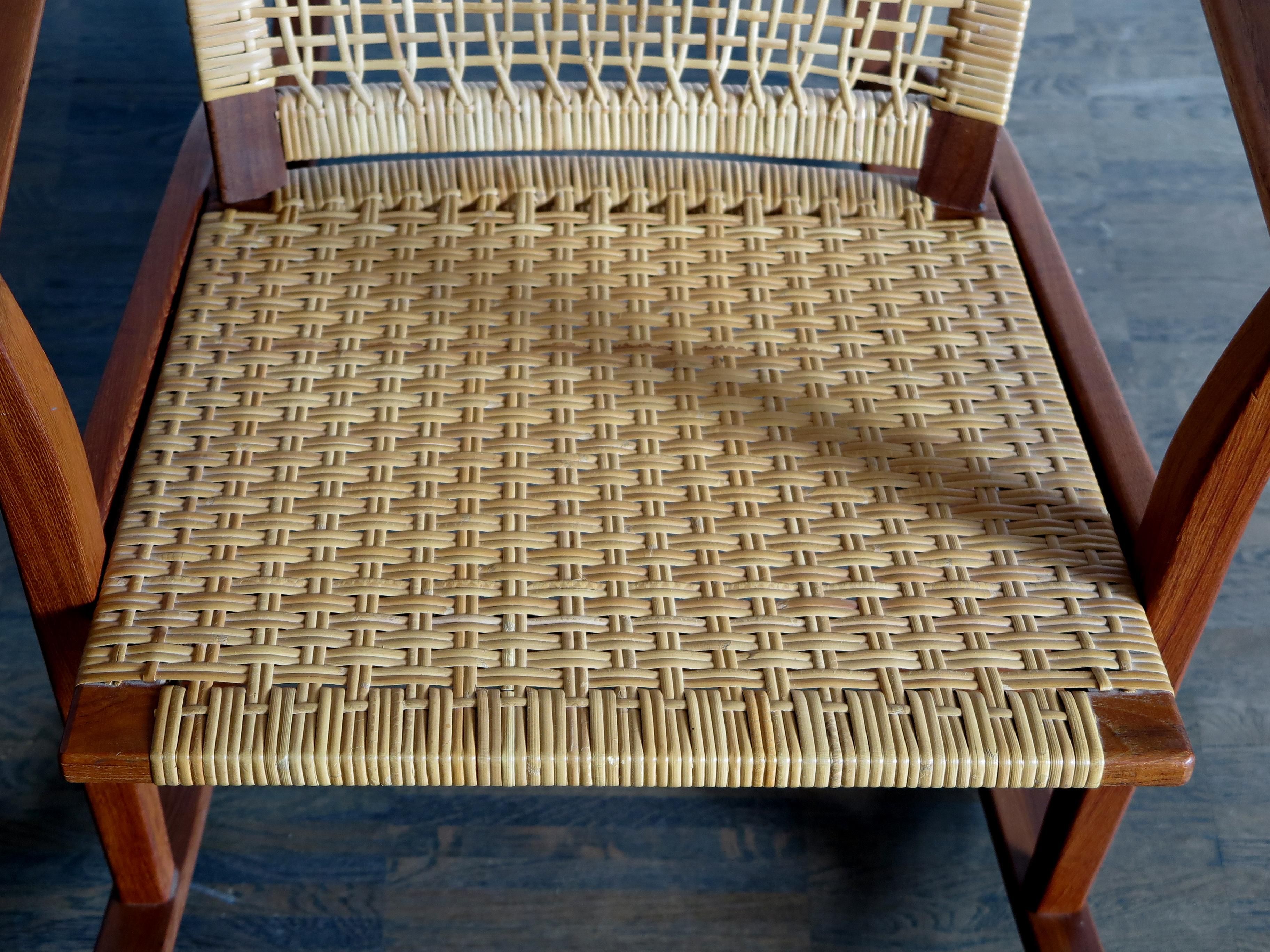 Scandinavian Modern Hans Olsen for Juul Kristensen Scandinavian Woven Cane Rocking Chair, 1950s