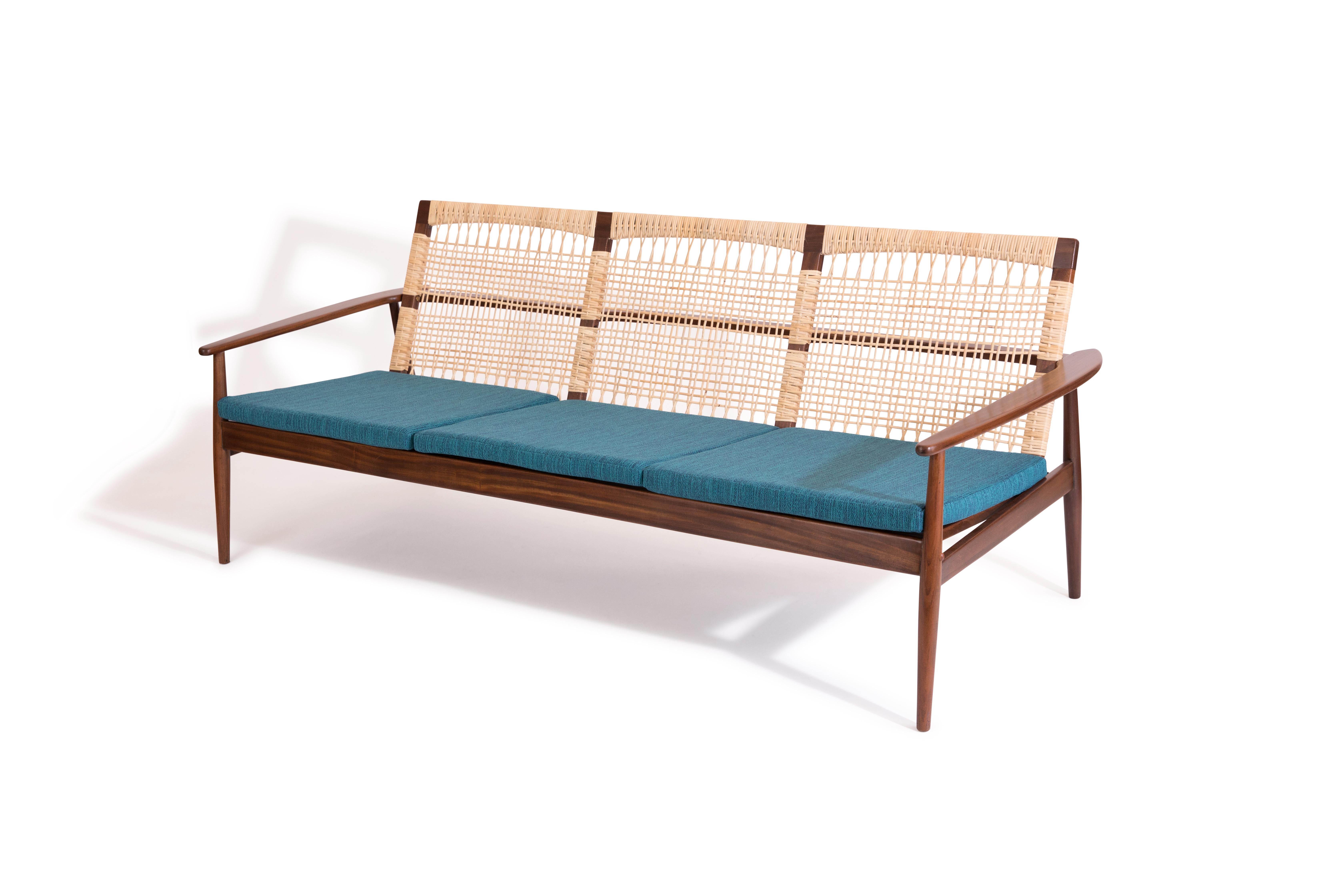 Mid-Century Modern Hans Olsen for Juul Kristensen Teak Cane & Upholstered Sofa
