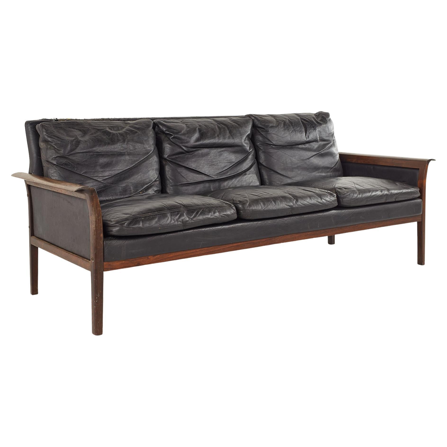 Hans Olsen for Vatne Mobler Mid Century Rosewood and Black Leather Sofa