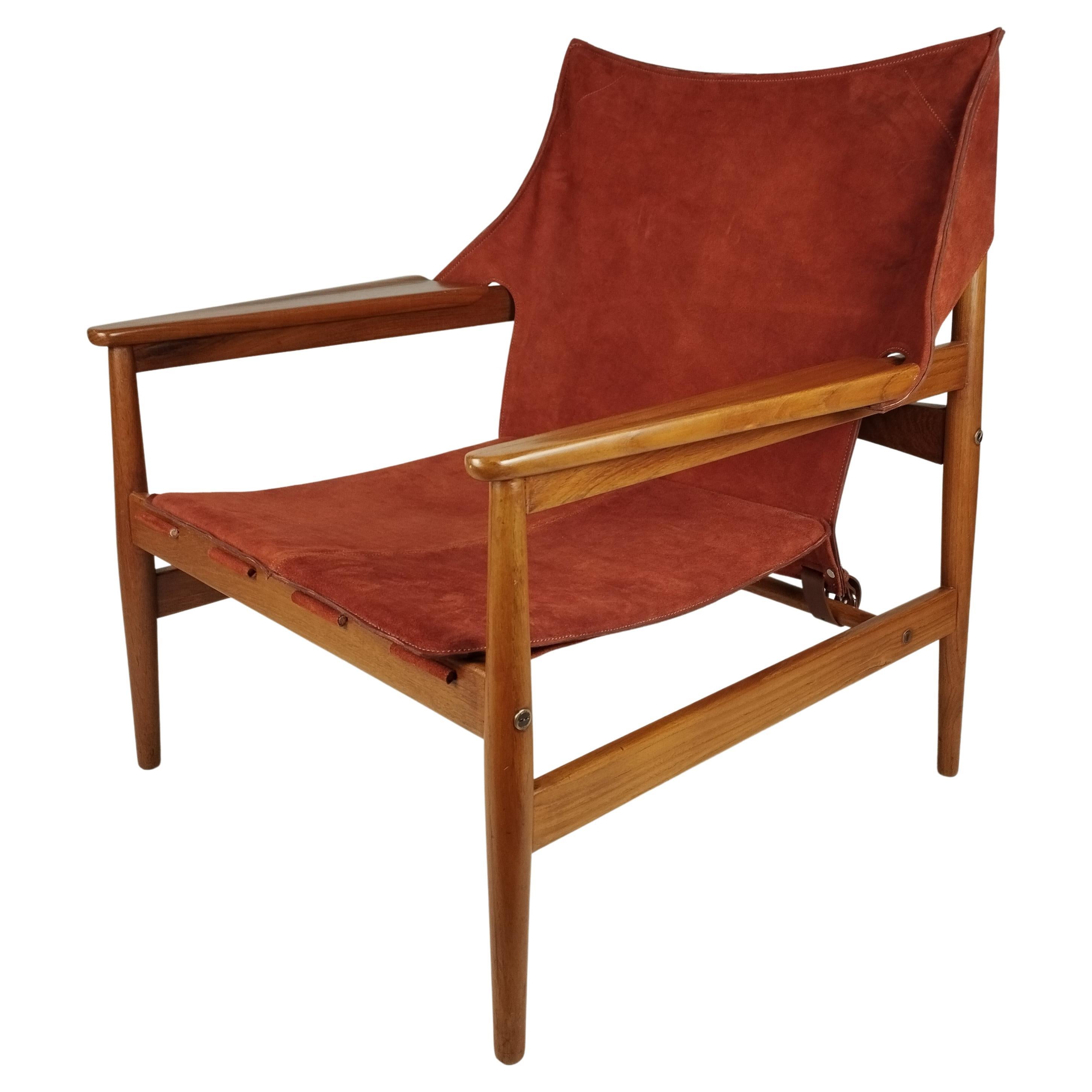 Hans Olsen for Viskamöbler Kinna Teak and Orange Suede "Antelope" Easy Chair For Sale