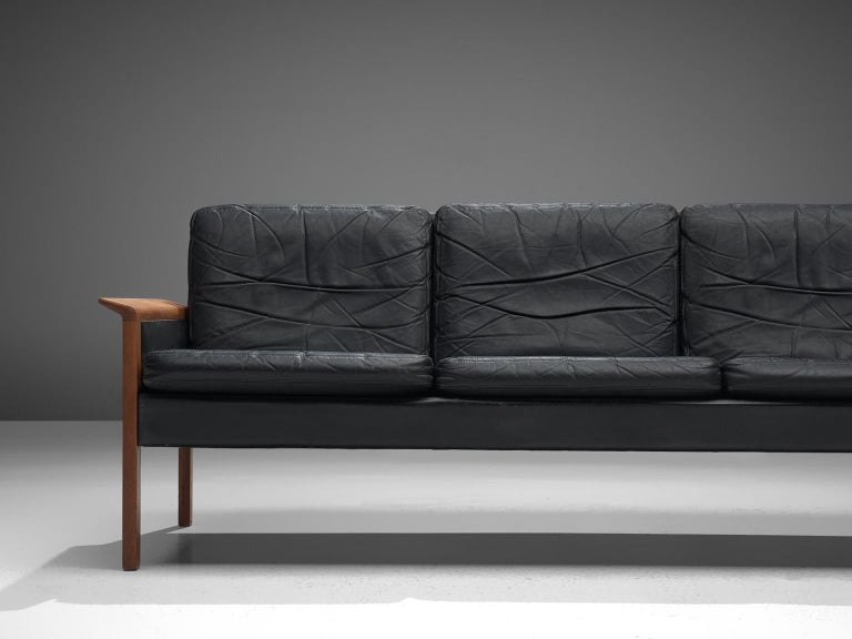 Scandinavian Modern Hans Olsen Four-Seat Sofa in Black Leather and Teak For Sale