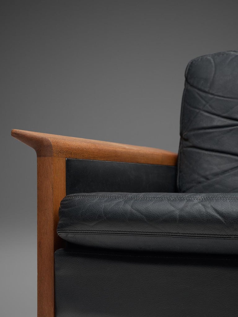 Danish Hans Olsen Four-Seat Sofa in Black Leather and Teak For Sale