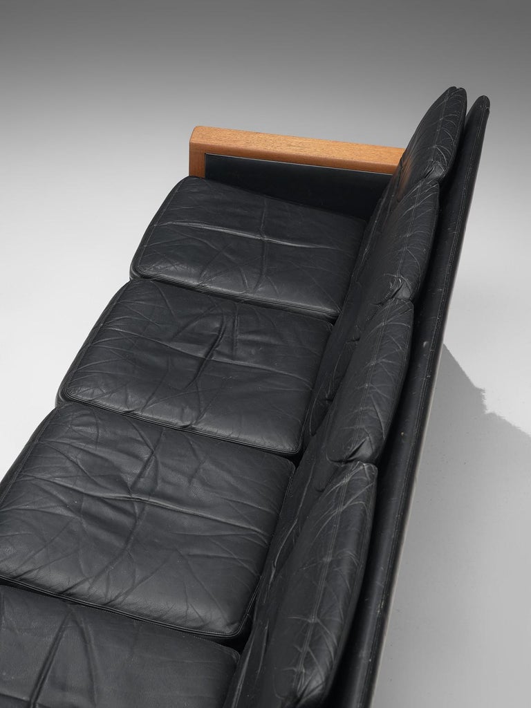 Mid-20th Century Hans Olsen Four-Seat Sofa in Black Leather and Teak For Sale