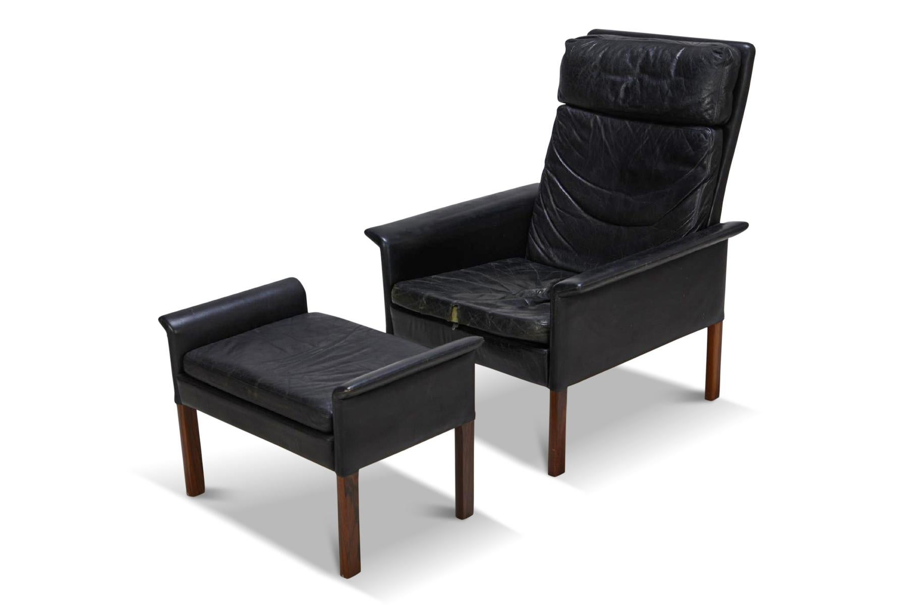 Mid-Century Modern Hans Olsen Highback Rosewood + Leather Lounge Chair + Ottoman