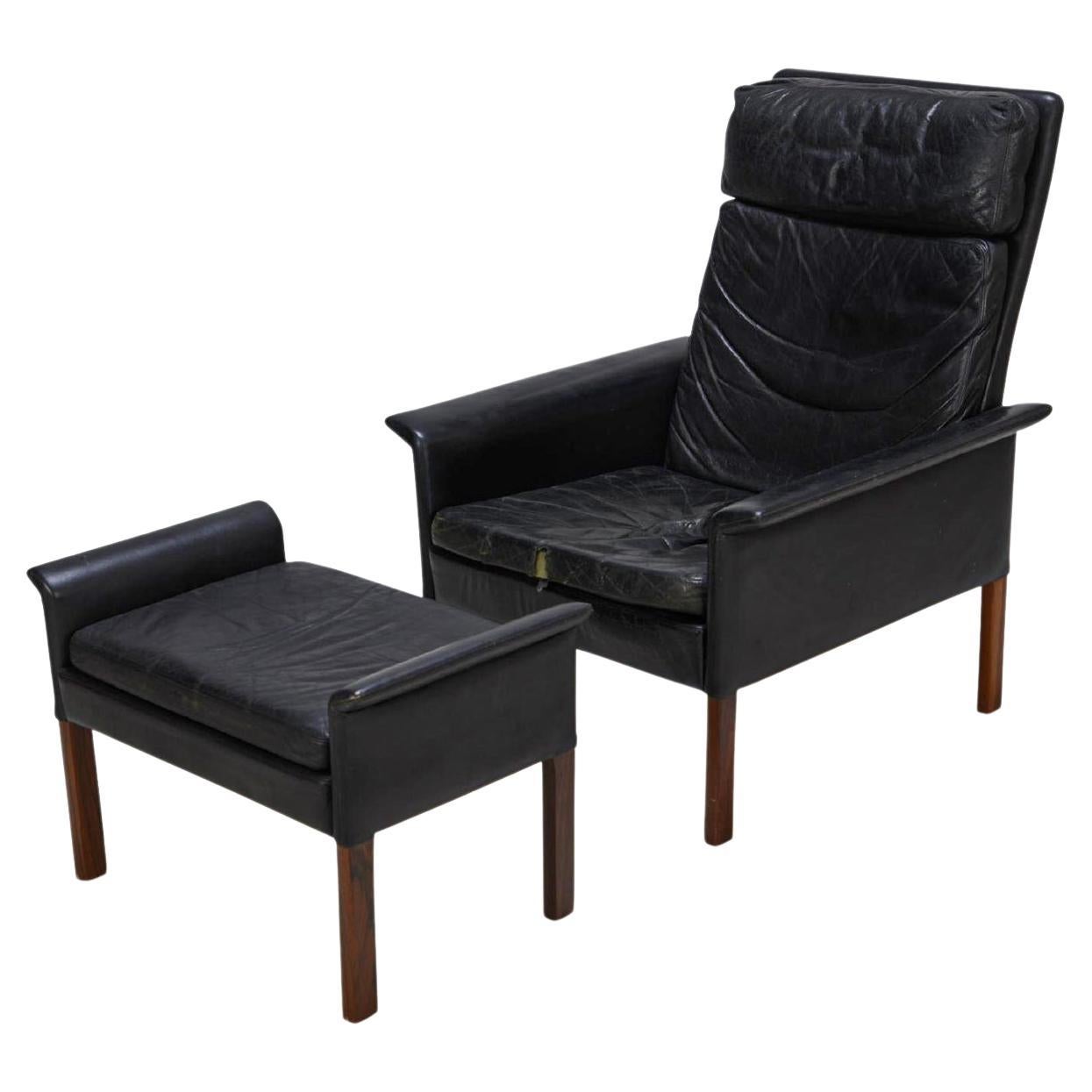 Hans Olsen Highback Rosewood + Leather Lounge Chair + Ottoman