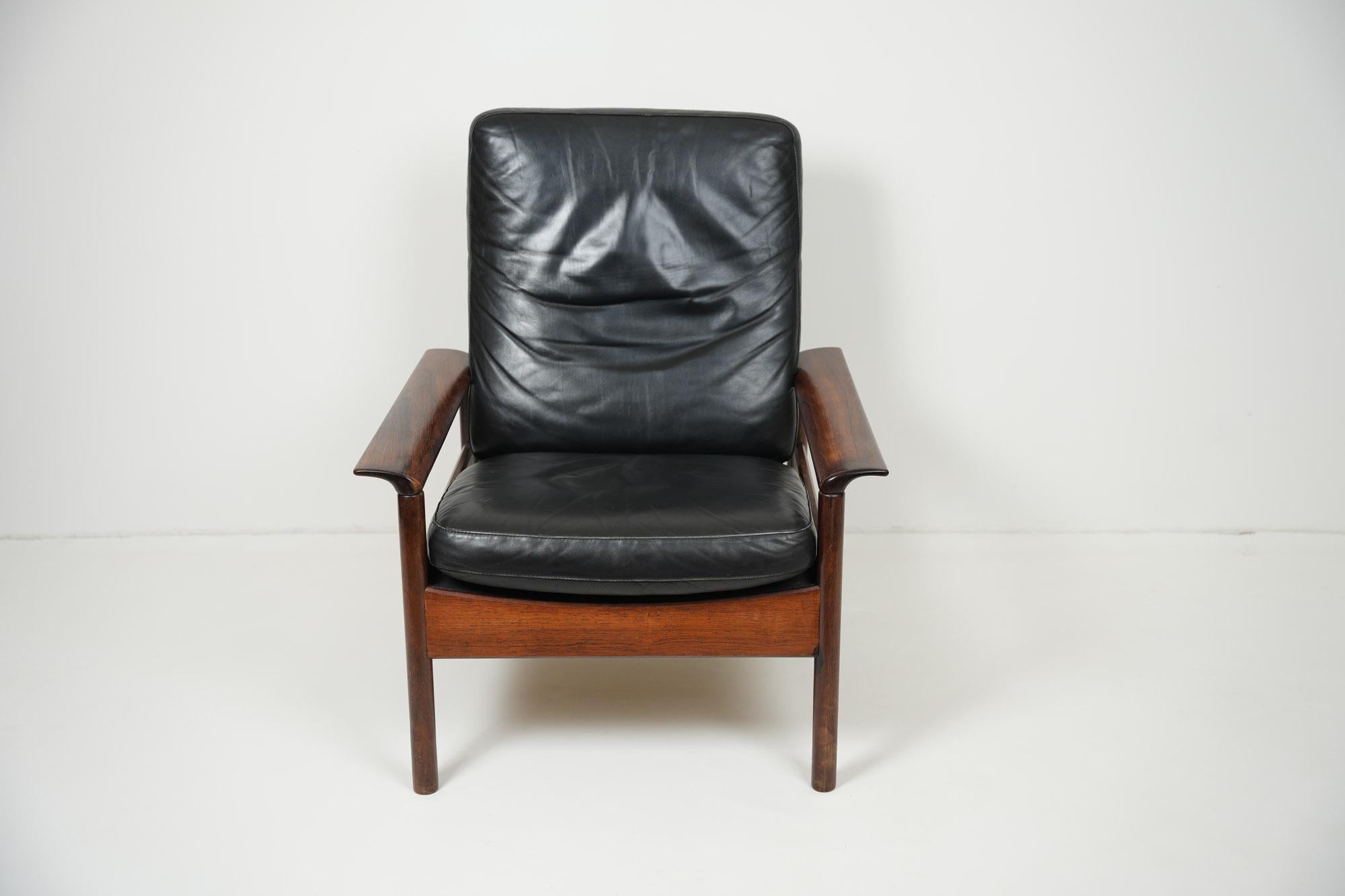 Hans Olsen Leather and Rosewood Longue Chair 1960s For Sale 9