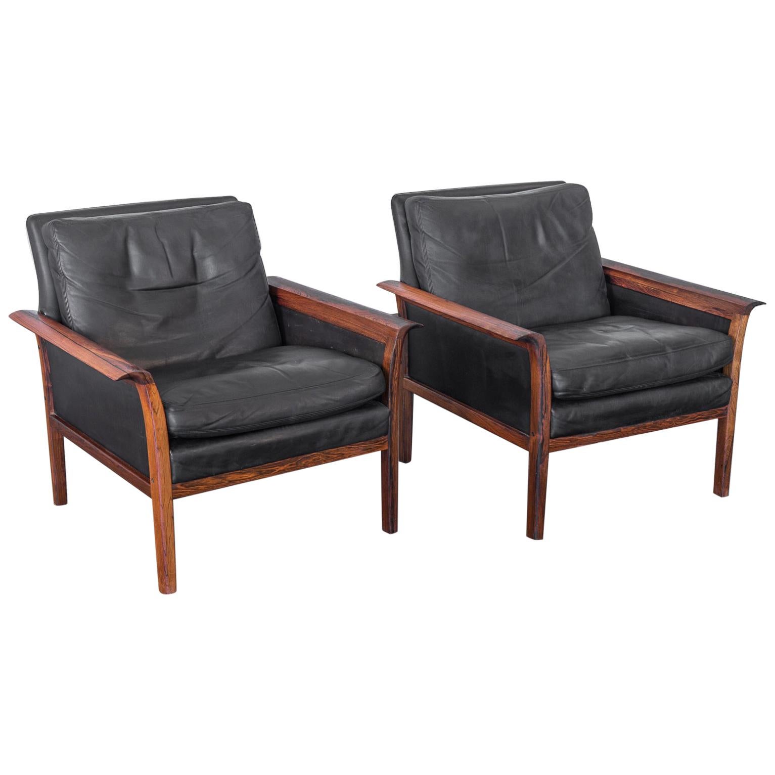 Hans Olsen Leather and Rosewood Lounge Chairs