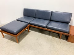 Hans Olsen Leather and Teak Sofa with Side Table and Ottoman