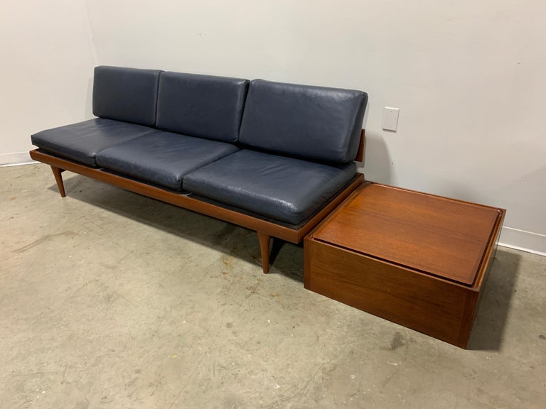Hans Olsen Leather and Teak Sofa with Side Table and Ottoman For Sale at  1stDibs