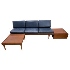 Hans Olsen Leather and Teak Sofa with Side Table and Ottoman