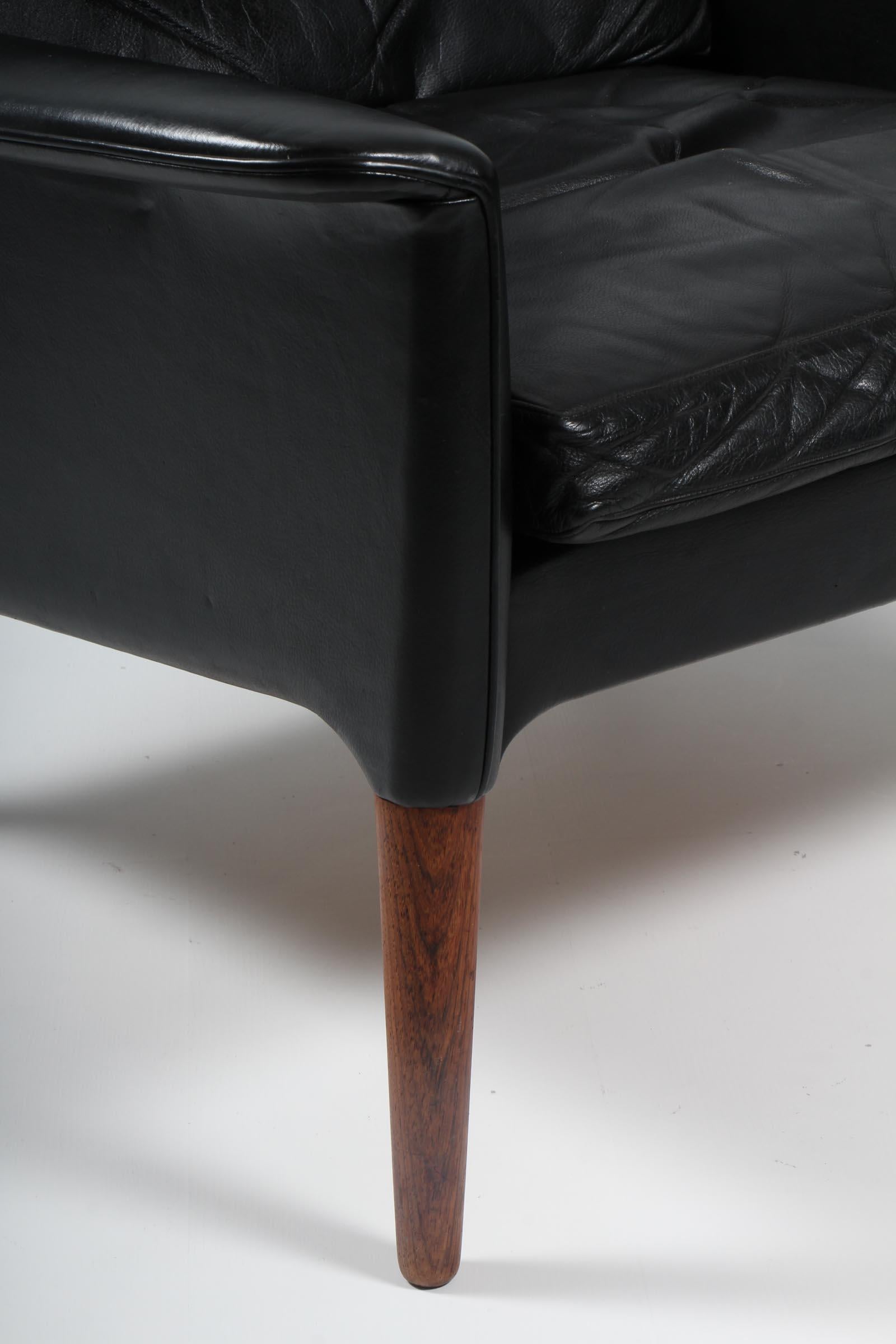 Scandinavian Modern Hans Olsen Lounge Chair, Black Original Leather, Rosewood, 1960s