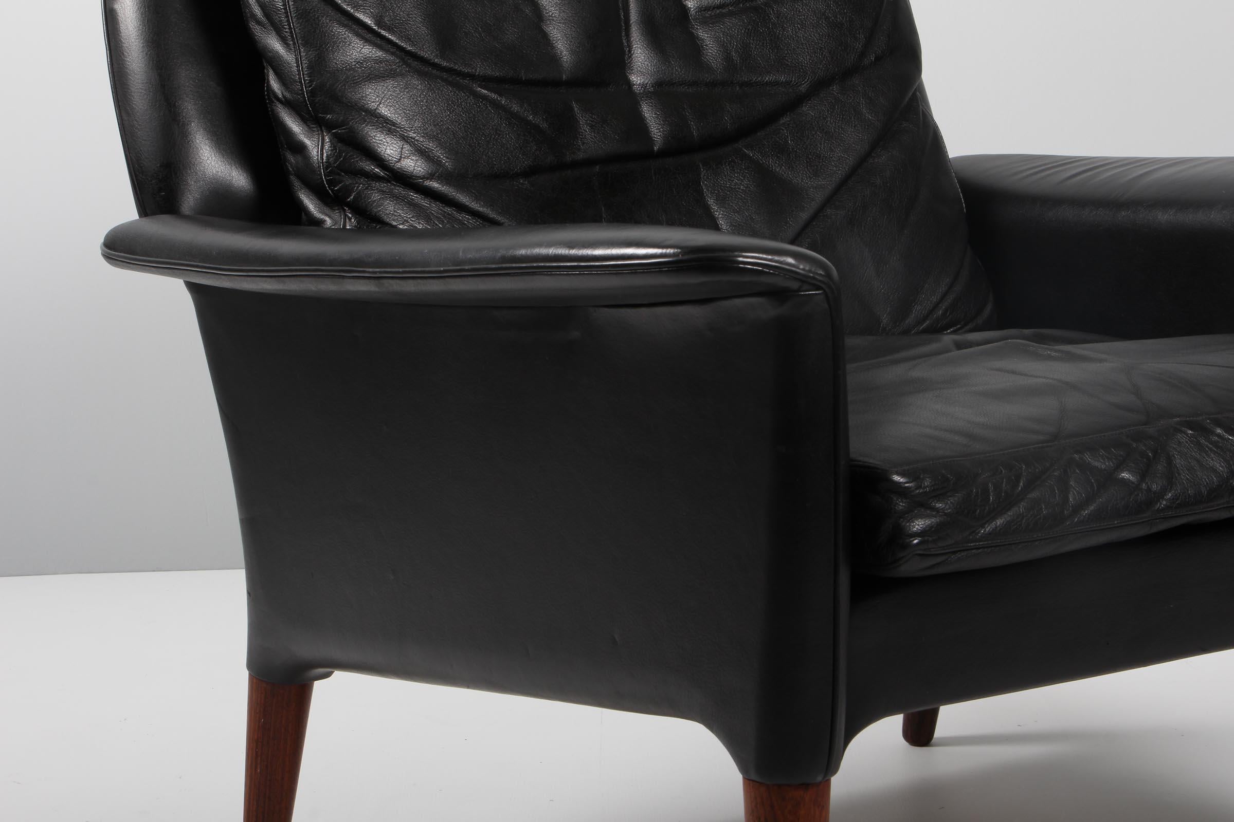 Danish Hans Olsen Lounge Chair, Black Original Leather, Rosewood, 1960s