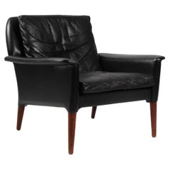 Hans Olsen Lounge Chair, Black Original Leather, Rosewood, 1960s